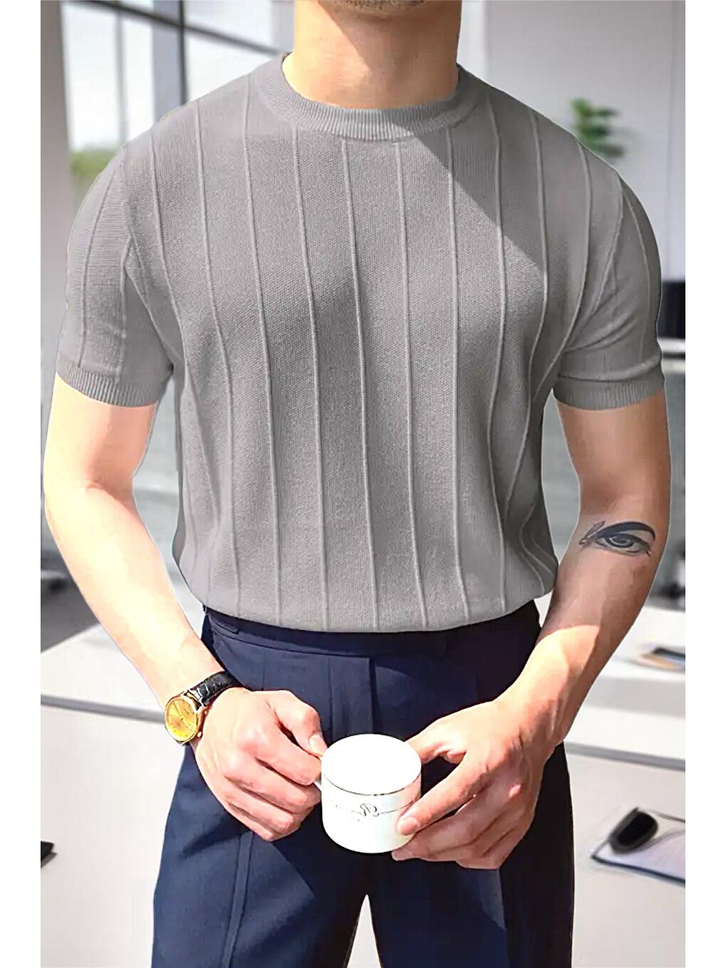 Oksit Gri Toro Çizgili Elastanlı Slim Fit Bisiklet Yaka Örme Erkek Triko Tshirt