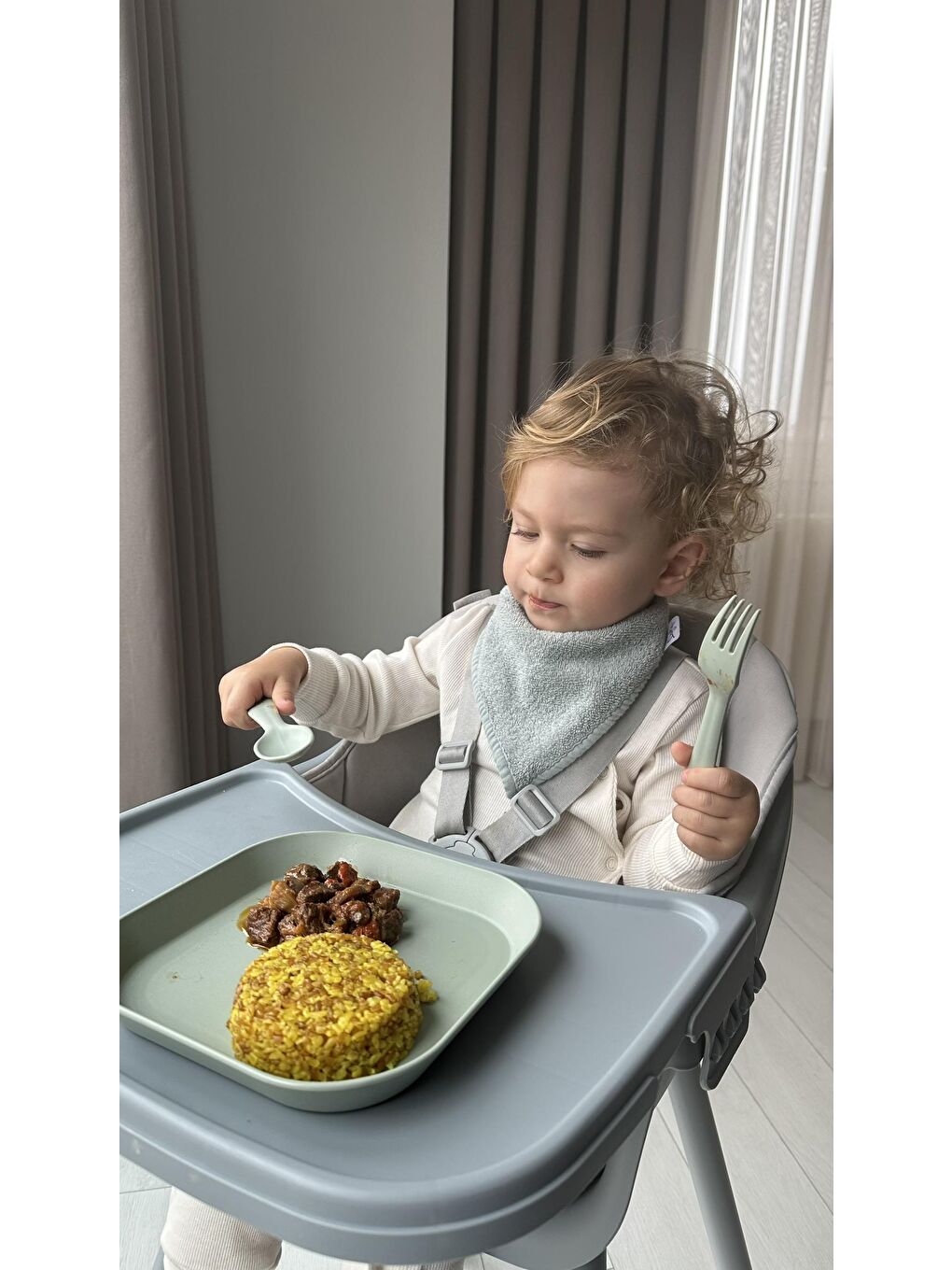 Kare Bebek Mama Tabağı 2'Li  Sage Green - Vanillia-2