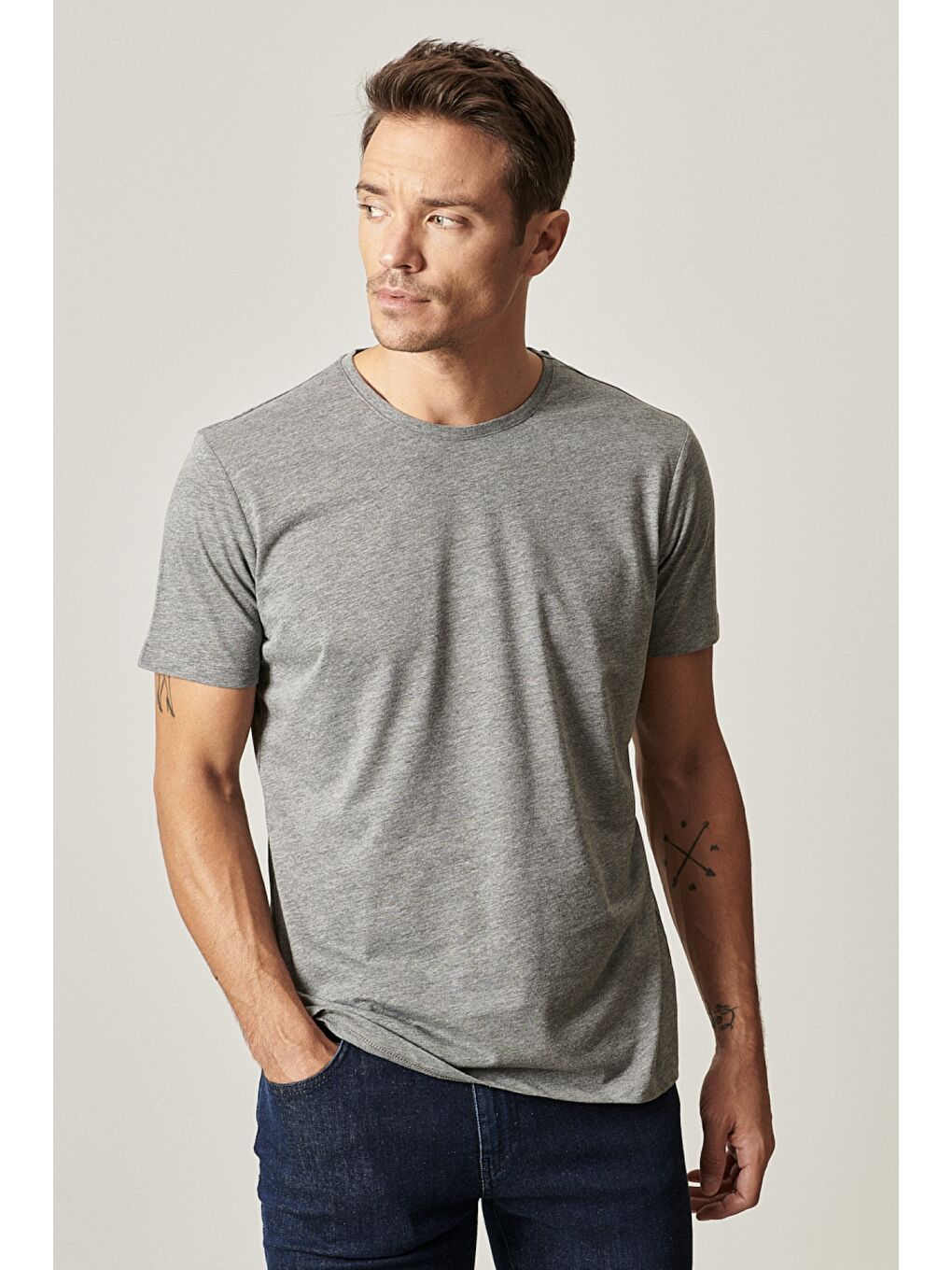 Erkek Siyah-Haki-Gri Melanj Slim Fit Bisiklet Yaka 3'lü %100 Pamuk Tişört Paketi-1