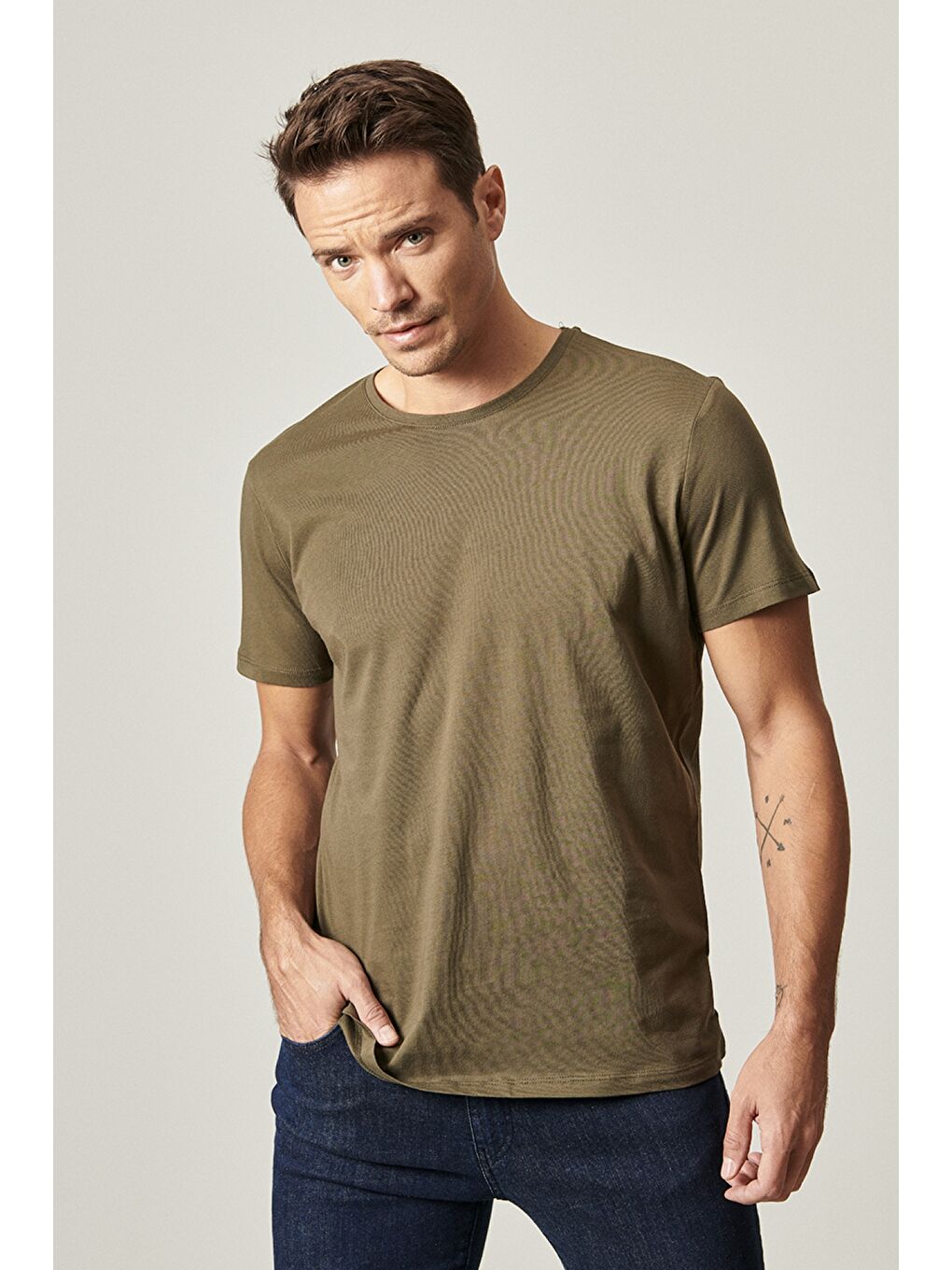 Erkek Siyah-Haki-Gri Melanj Slim Fit Bisiklet Yaka 3'lü %100 Pamuk Tişört Paketi-2