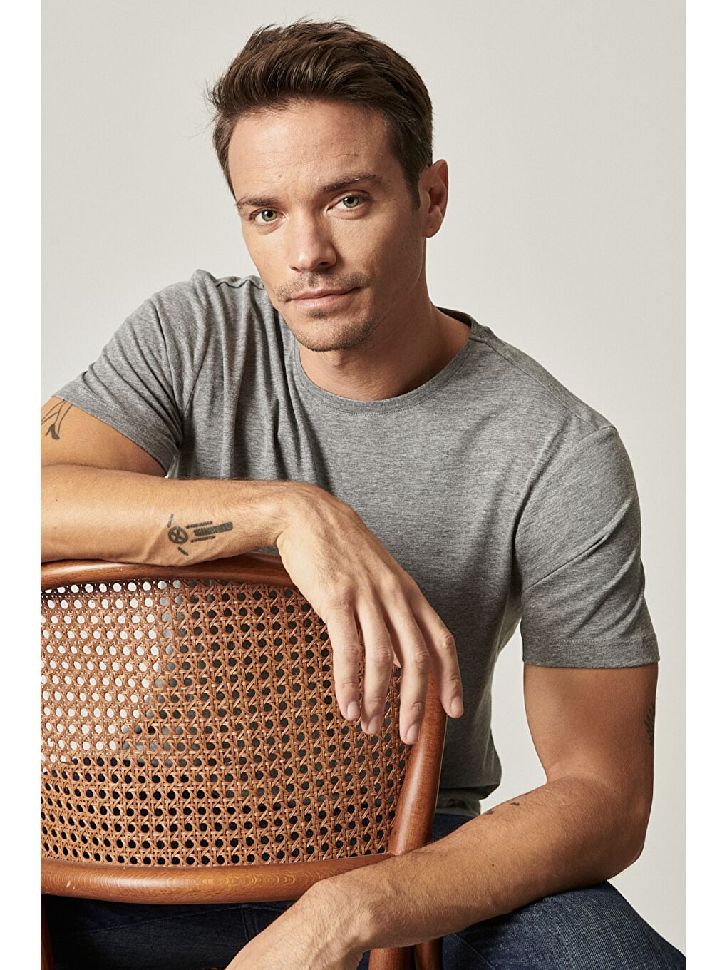 Erkek Siyah-Haki-Gri Melanj Slim Fit Bisiklet Yaka 3'lü %100 Pamuk Tişört Paketi-3