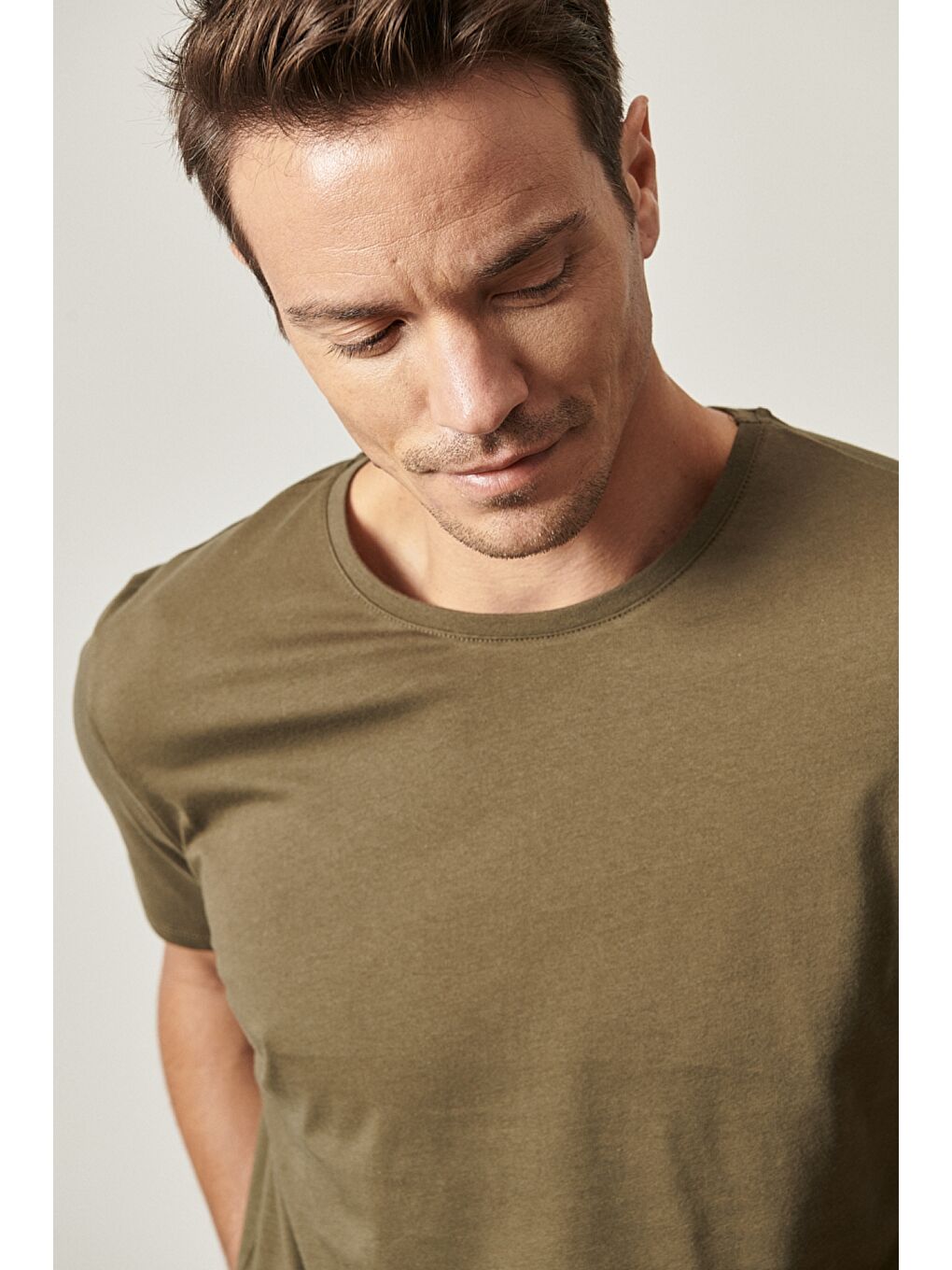 Erkek Siyah-Haki-Gri Melanj Slim Fit Bisiklet Yaka 3'lü %100 Pamuk Tişört Paketi-5