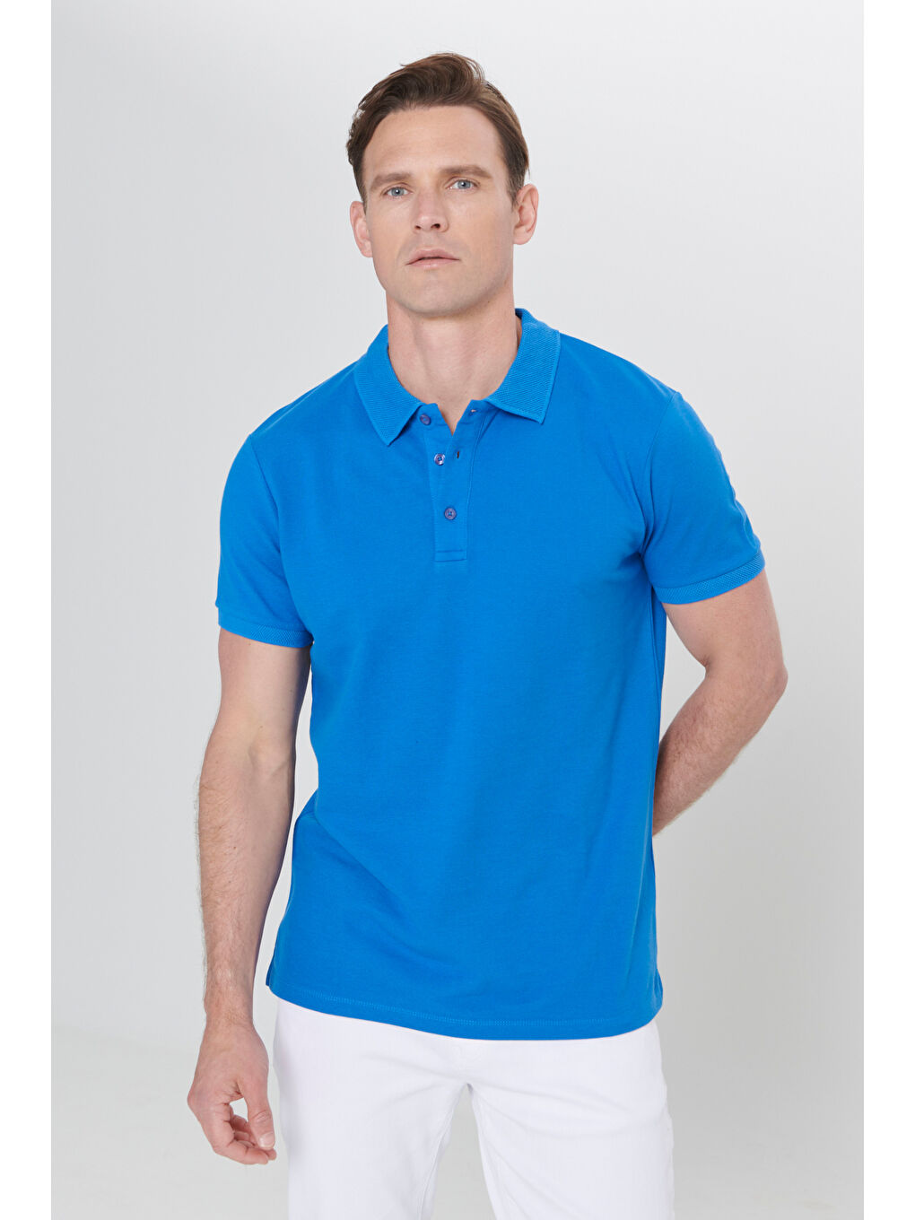 Erkek Royal Mavi Slim Fit Dar Kesim Polo Yaka %100 Pamuk Kısa Kollu Tişört-8