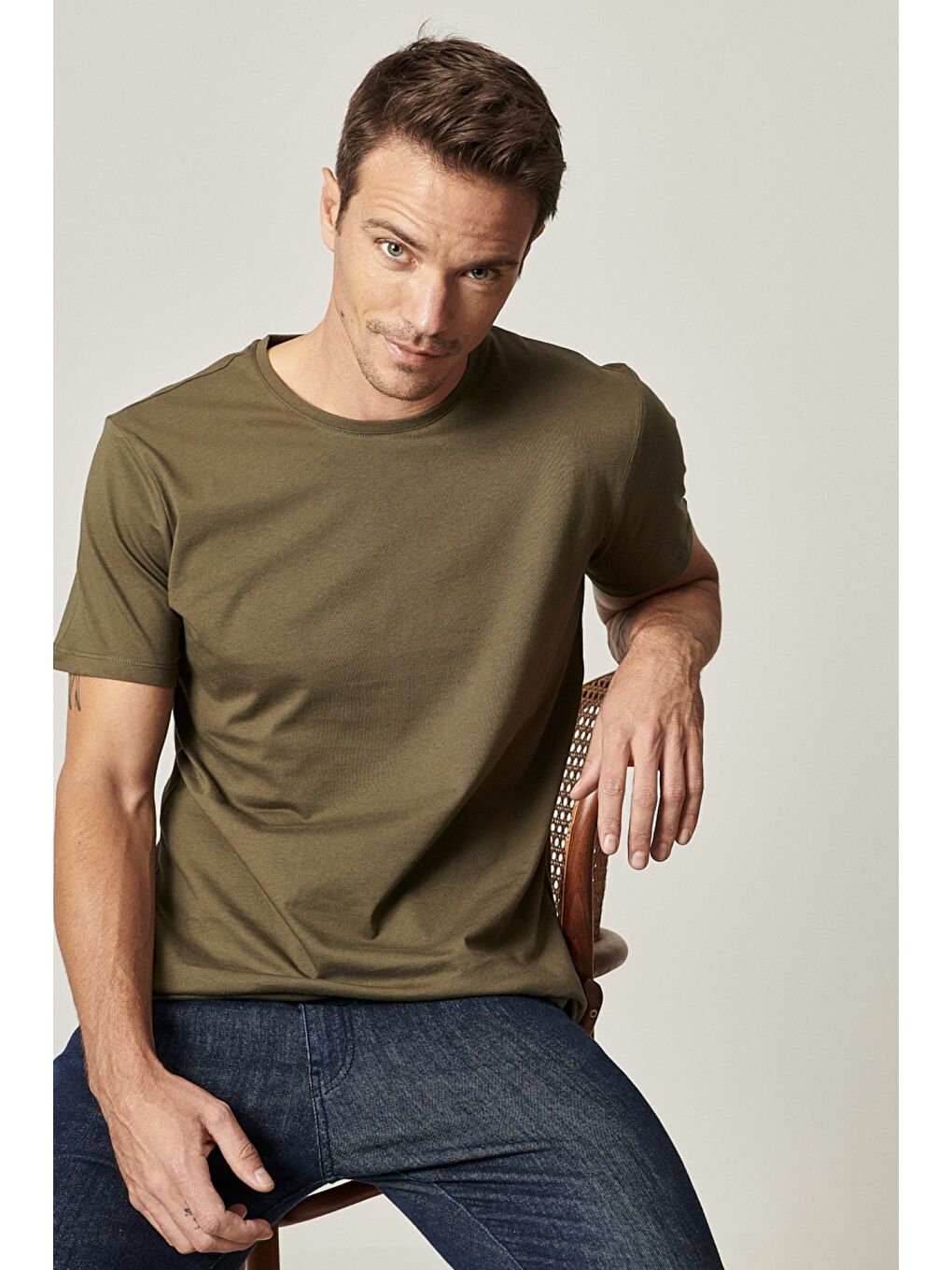 Erkek Siyah-Haki-Gri Melanj Slim Fit Bisiklet Yaka 3'lü %100 Pamuk Tişört Paketi-8