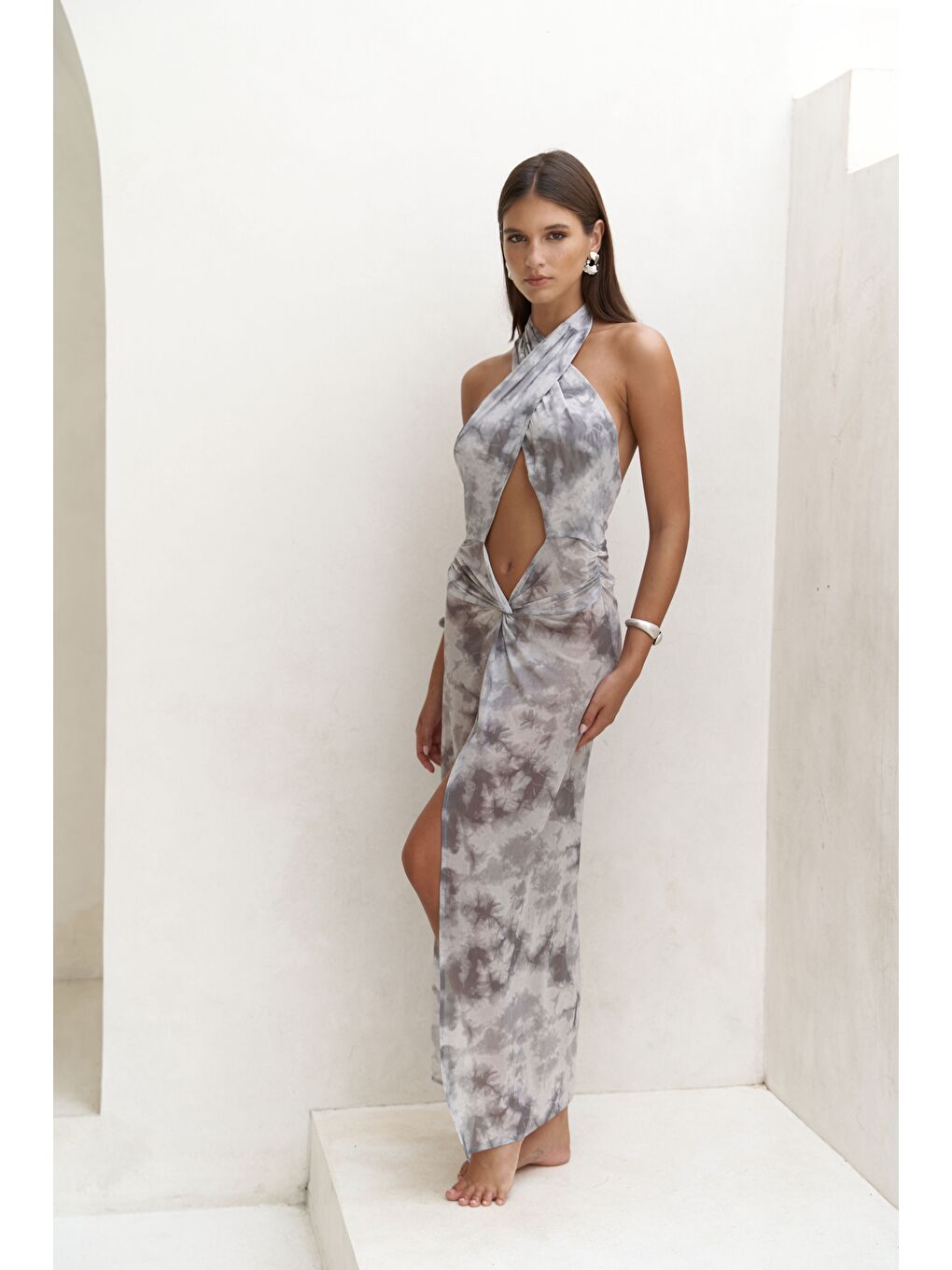 Enonireh Dekolteli Gri Uzun Elbise-3