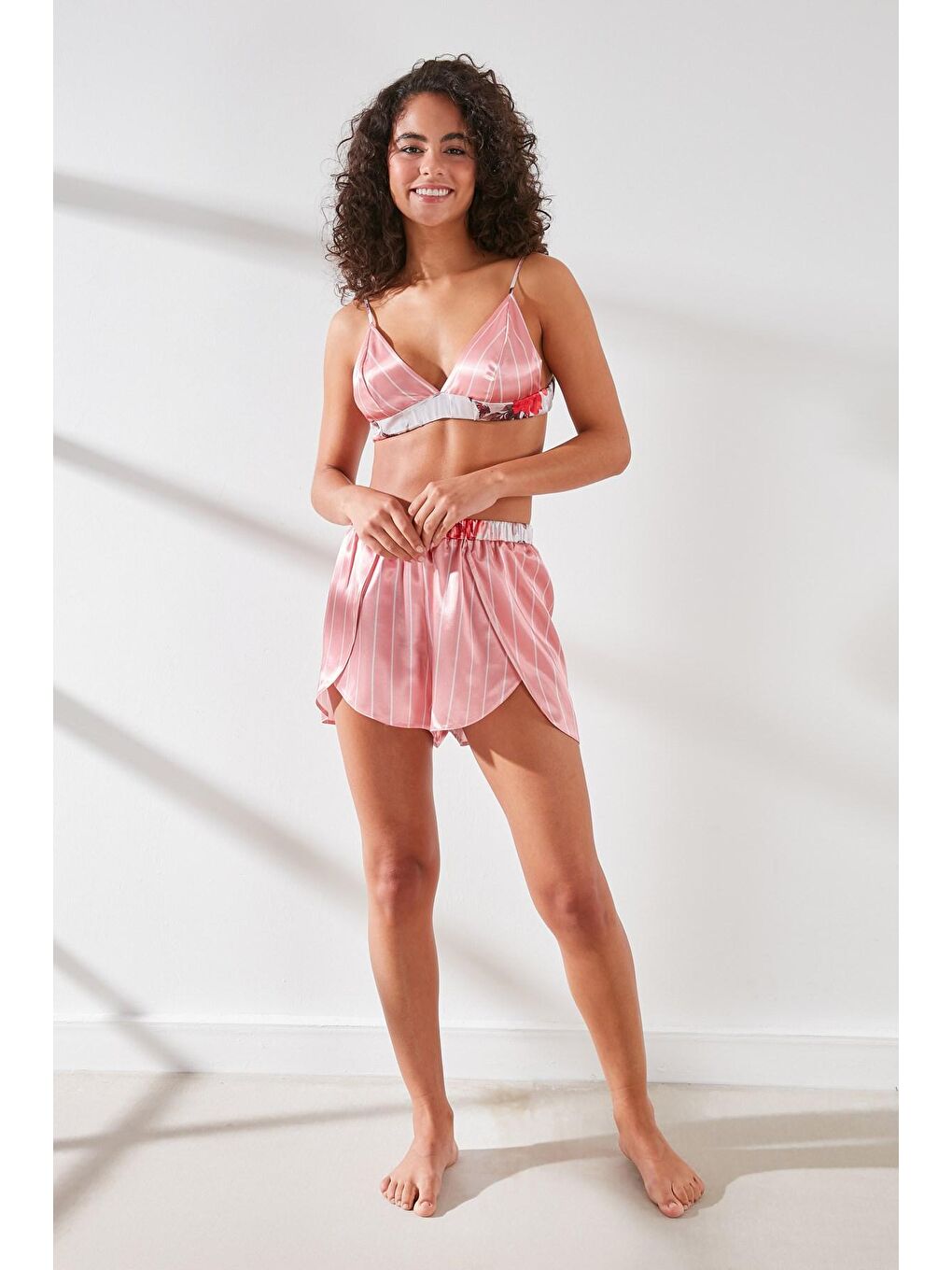 Saten Sütyen Şort Takım 9065 Pembe/Ekru-4