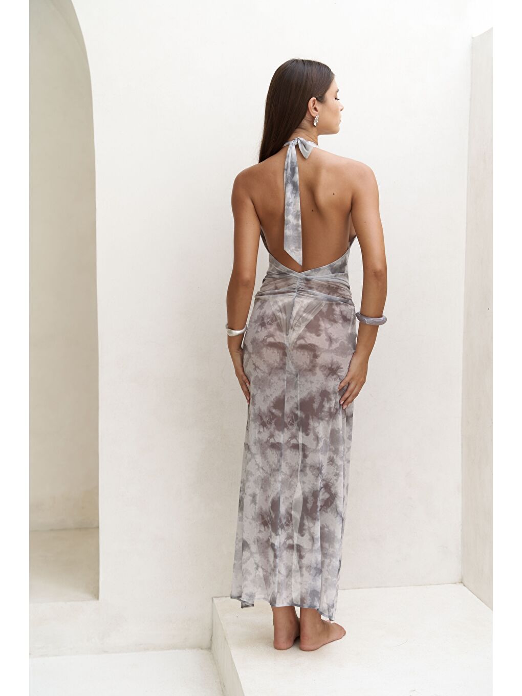 Enonireh Dekolteli Gri Uzun Elbise-4