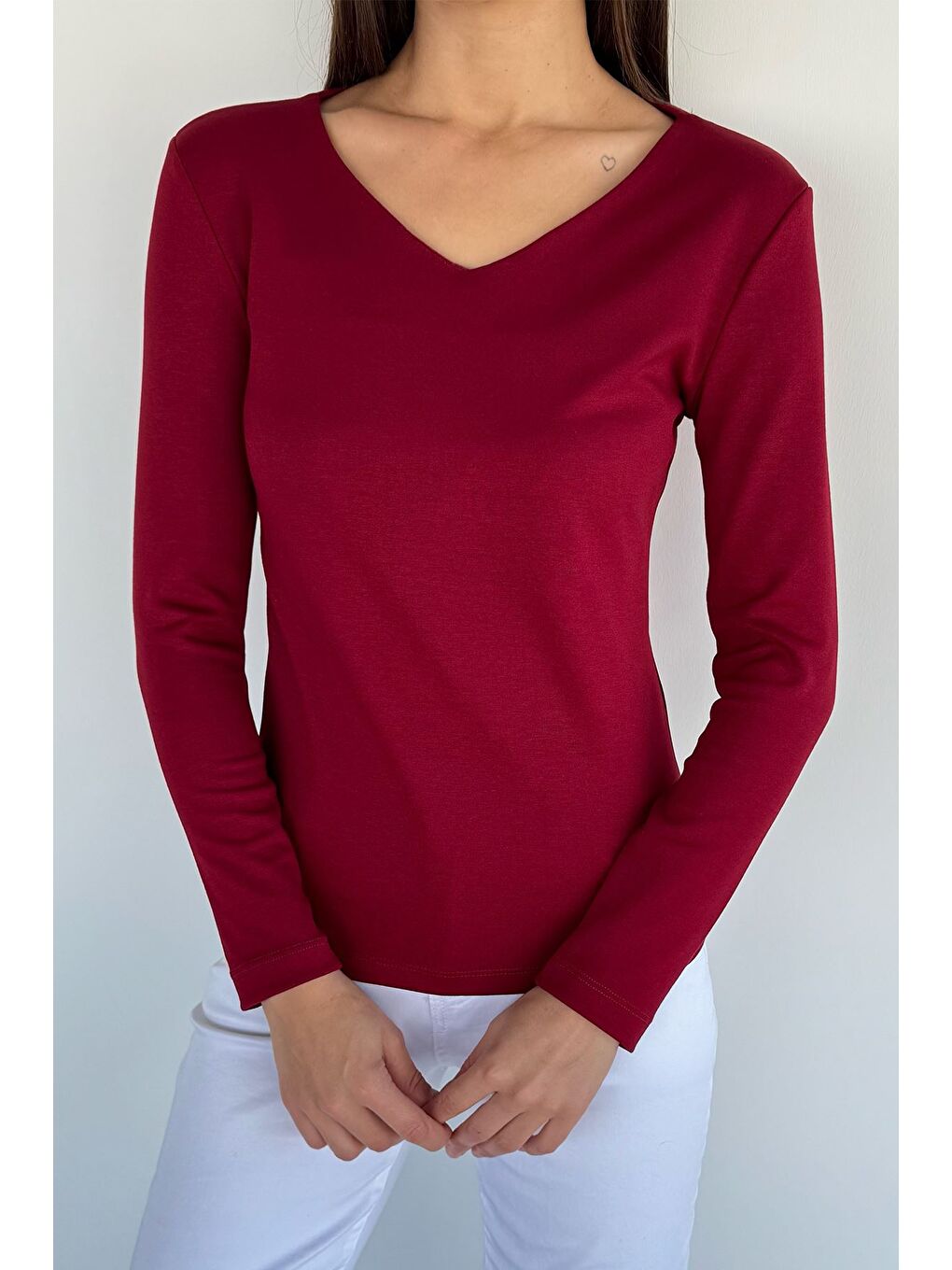 Bordo V Yaka Basıc Bluz-1