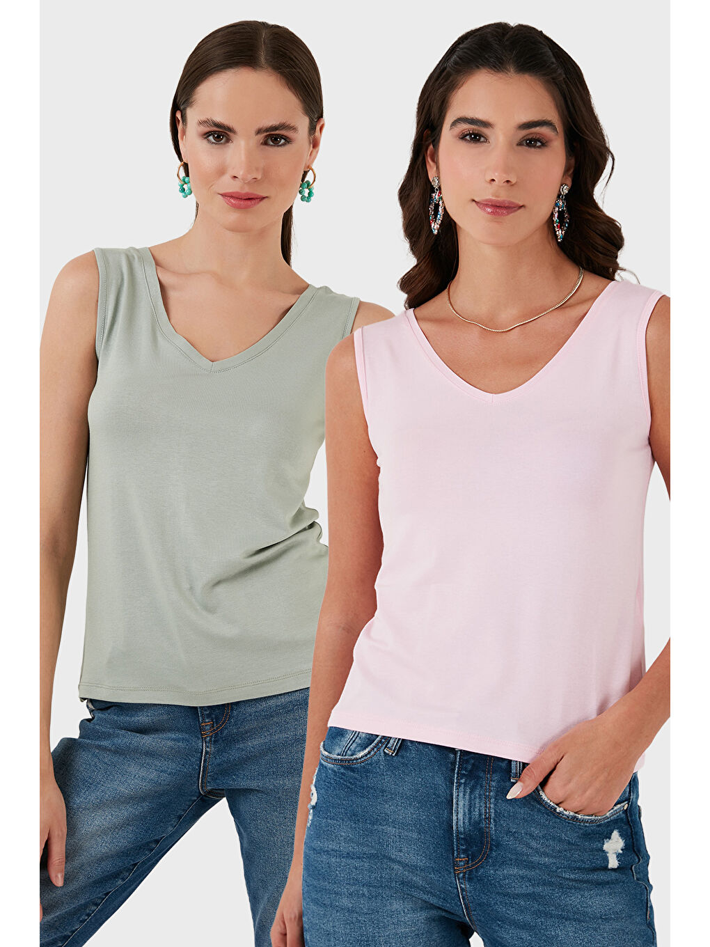 Pembe Slim Fit V Yaka Kalın Askılı 2' li Paket Kadın Bluz 5864384S2