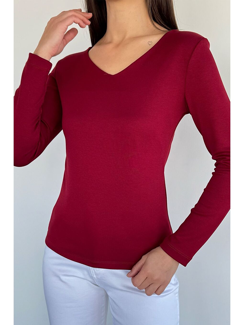 Bordo V Yaka Basıc Bluz-2