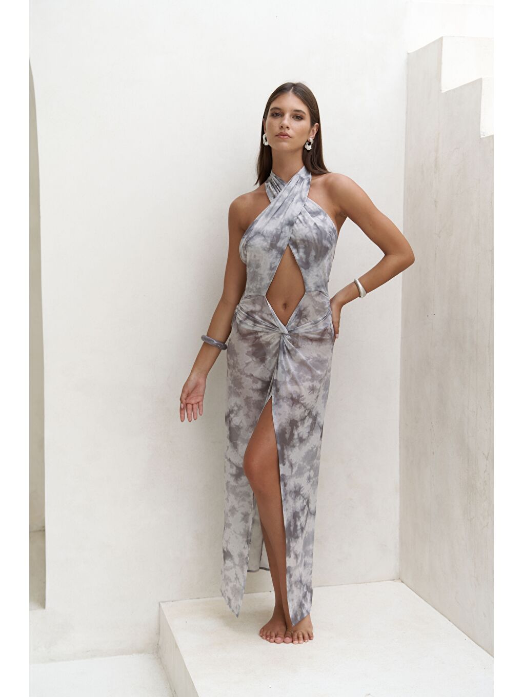 Enonireh Dekolteli Gri Uzun Elbise-5