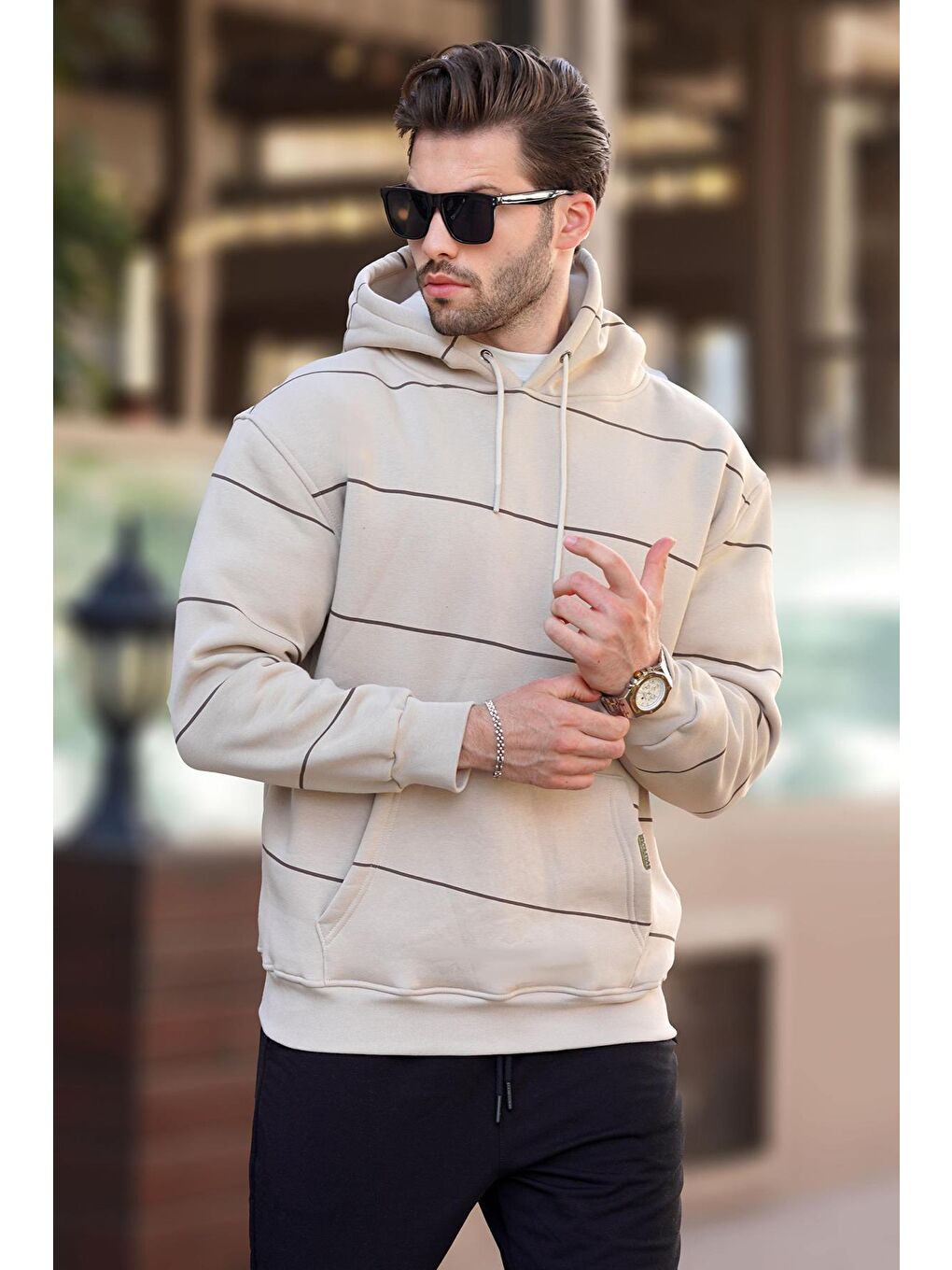 Madmext Bej Kapüşonlu Cep Detaylı Çizgili Erkek Sweatshirt 7063