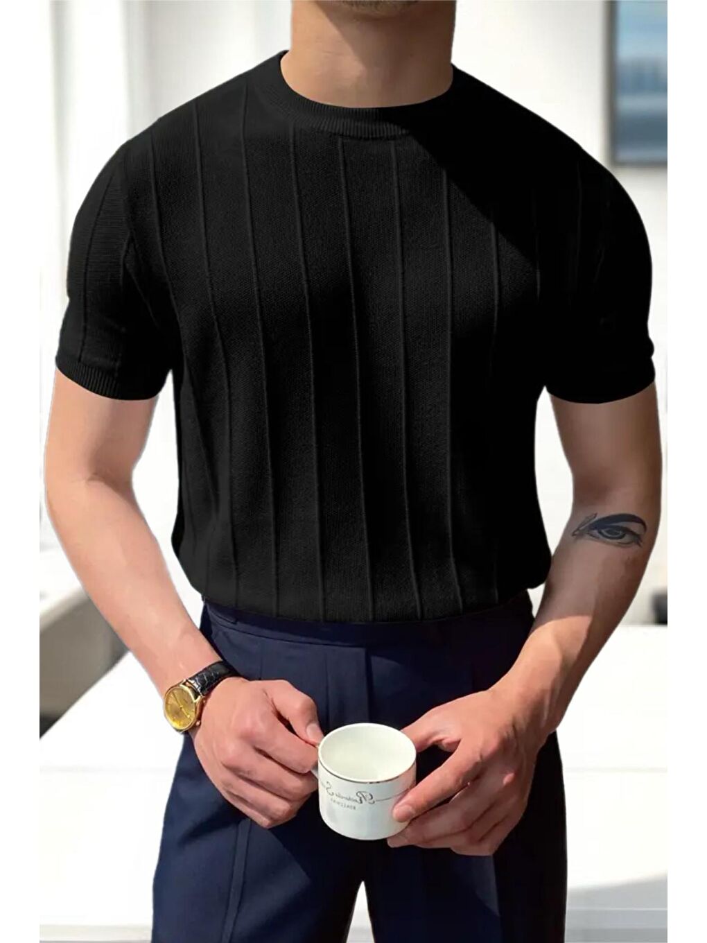 Oksit Siyah Toro Çizgili Elastanlı Slim Fit Bisiklet Yaka Örme Erkek Triko Tshirt