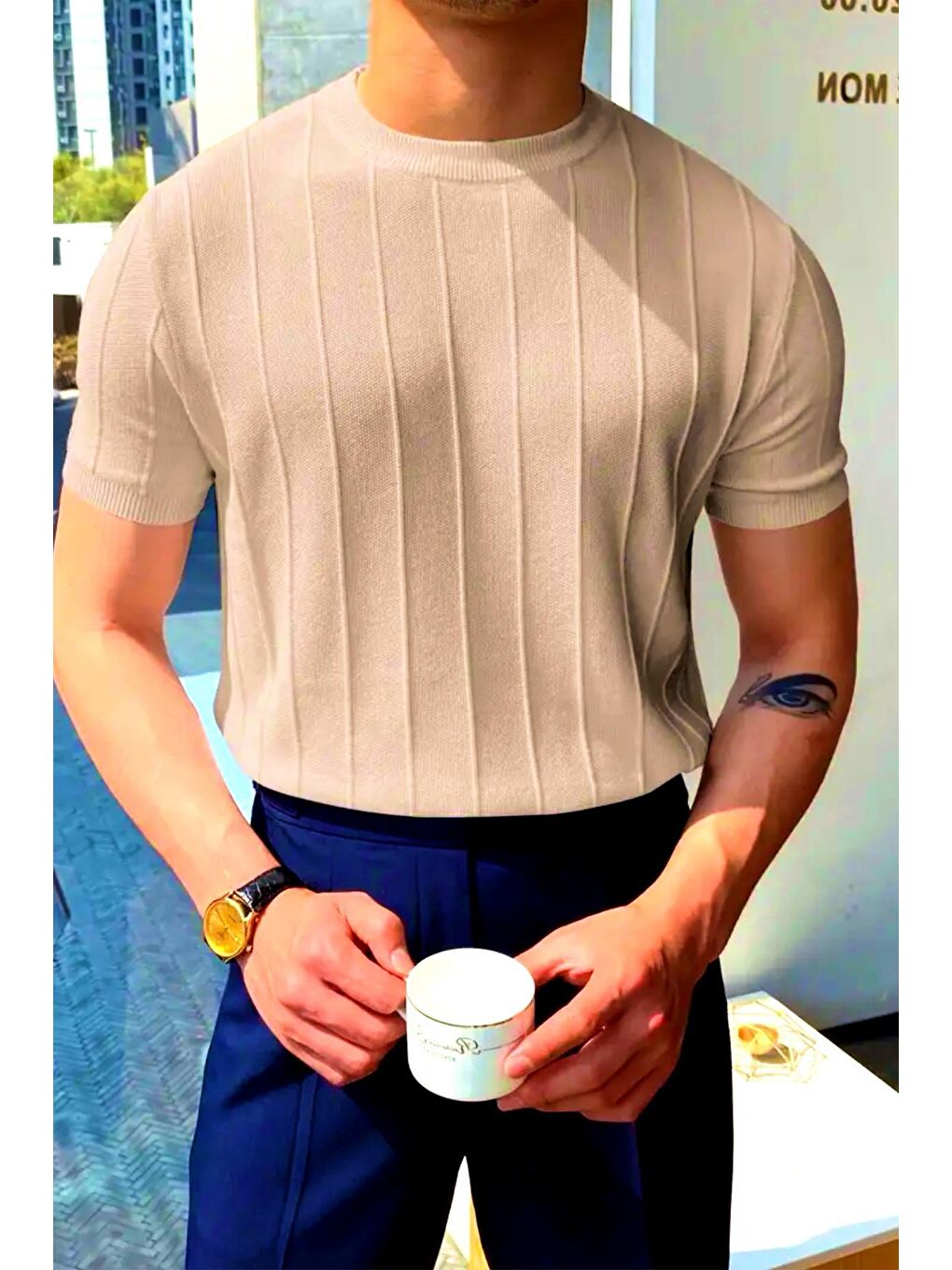 Kahverengi Toro Çizgili Elastanlı Slim Fit Bisiklet Yaka Örme Erkek Triko Tshirt