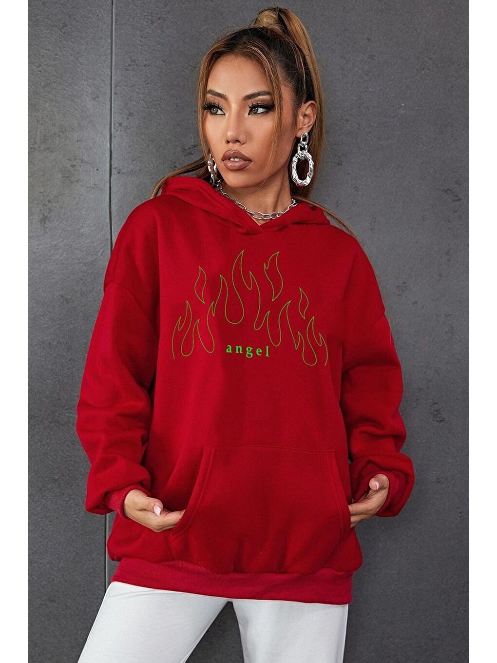 uyguntarz Kırmızı Unisex Green Angel Fire Sweatshirt