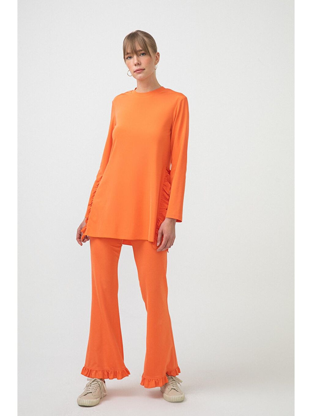 Turuncu Fırfır Detaylı Tunik Mayo-2