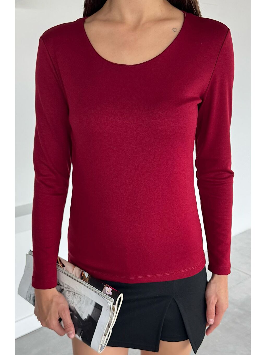 Bordo V Yaka Basıc Bluz-1