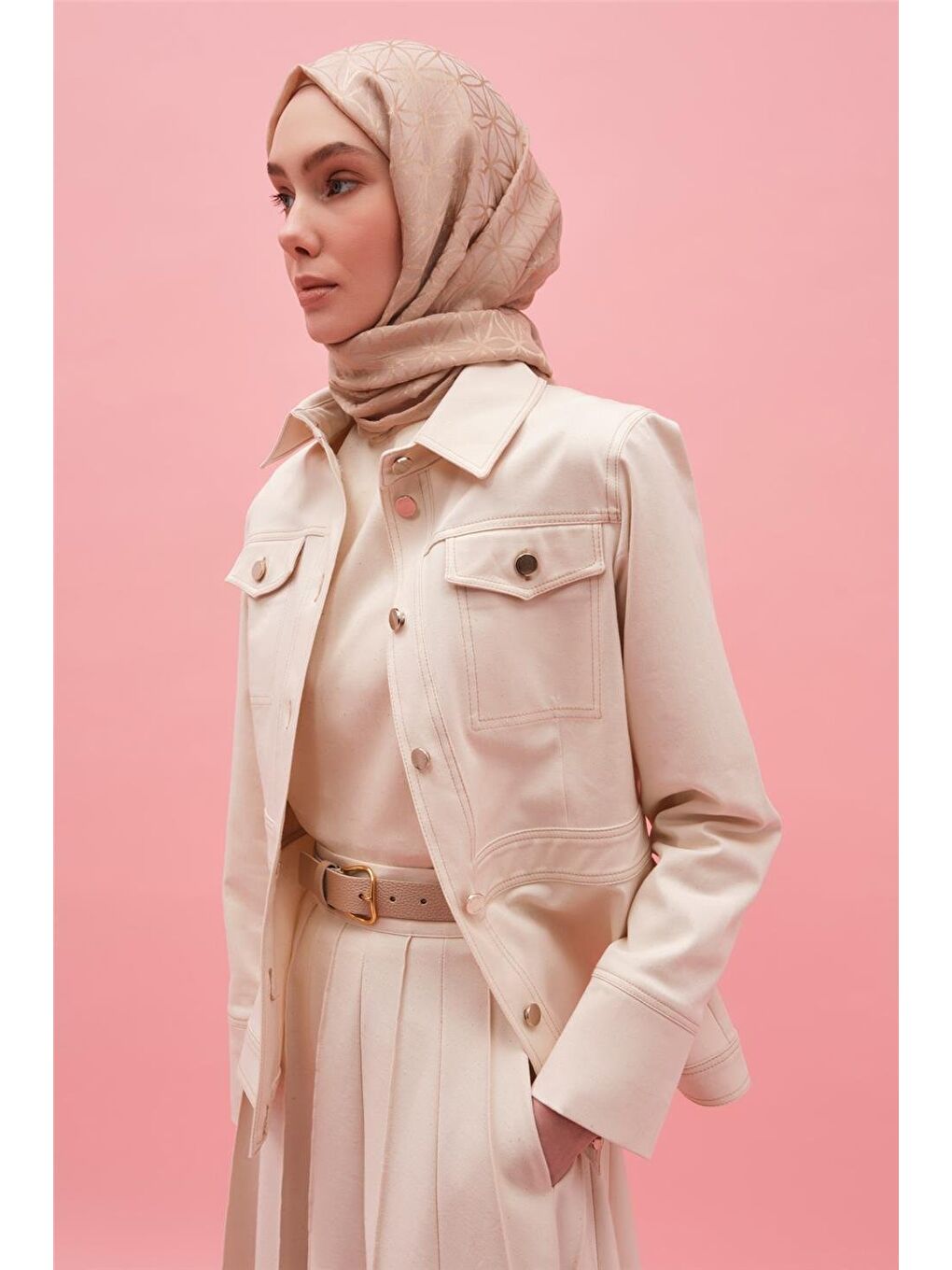 Bej Ham Denim Bluz-Ceket Takım 25Y6021 Naturel-2