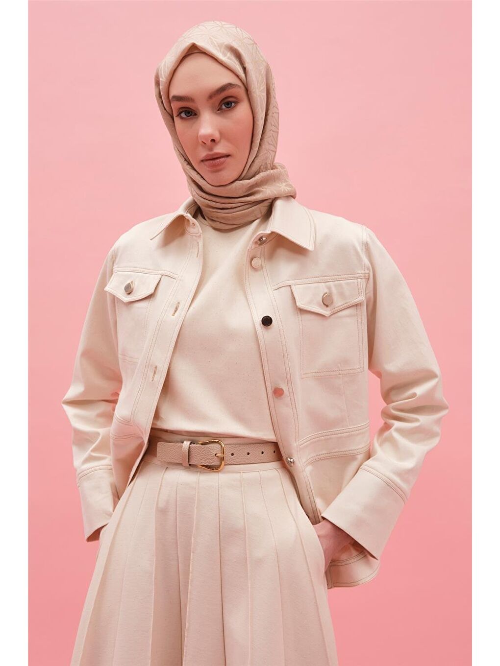 Bej Ham Denim Bluz-Ceket Takım 25Y6021 Naturel-3