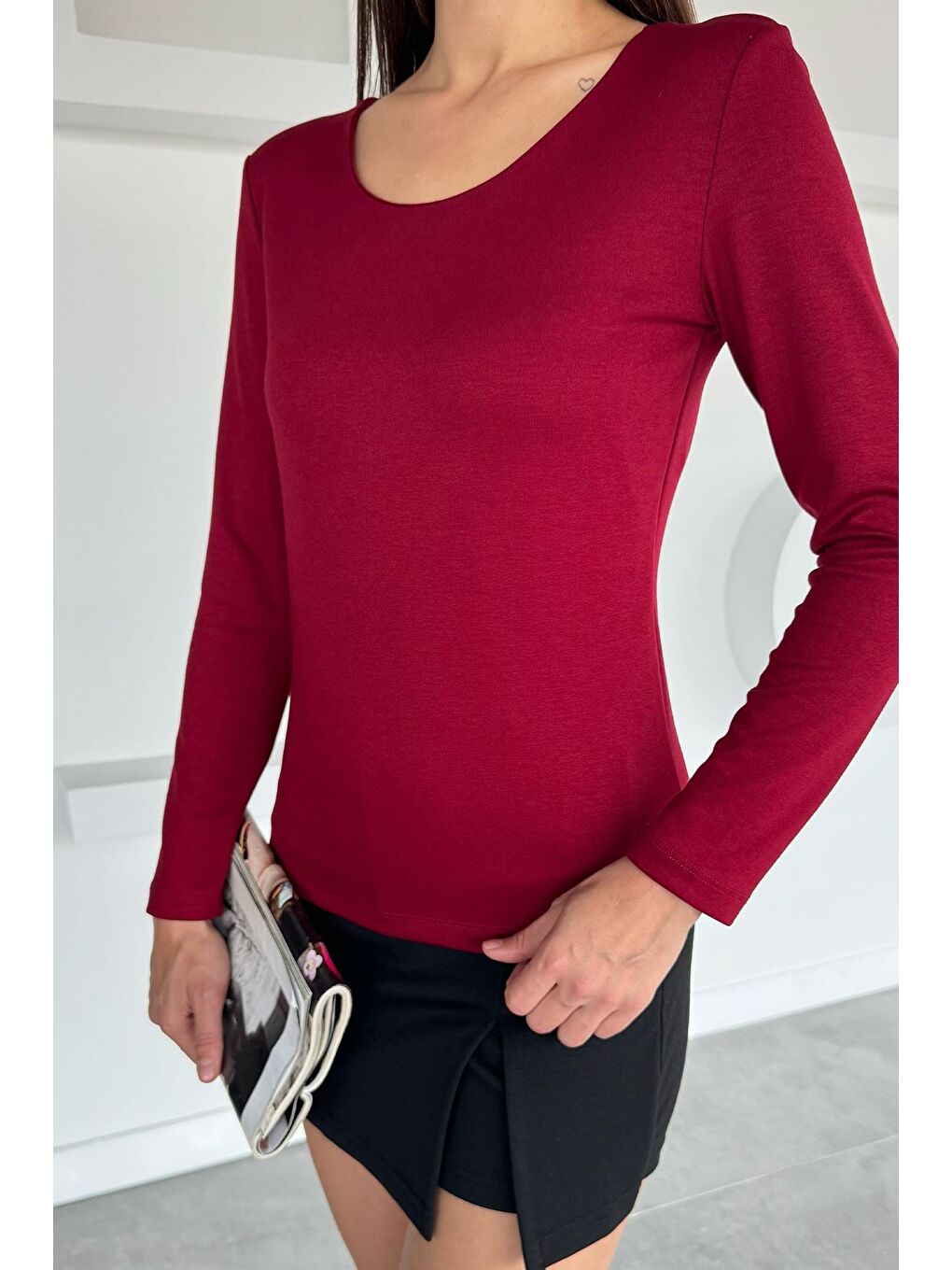 Bordo V Yaka Basıc Bluz-2
