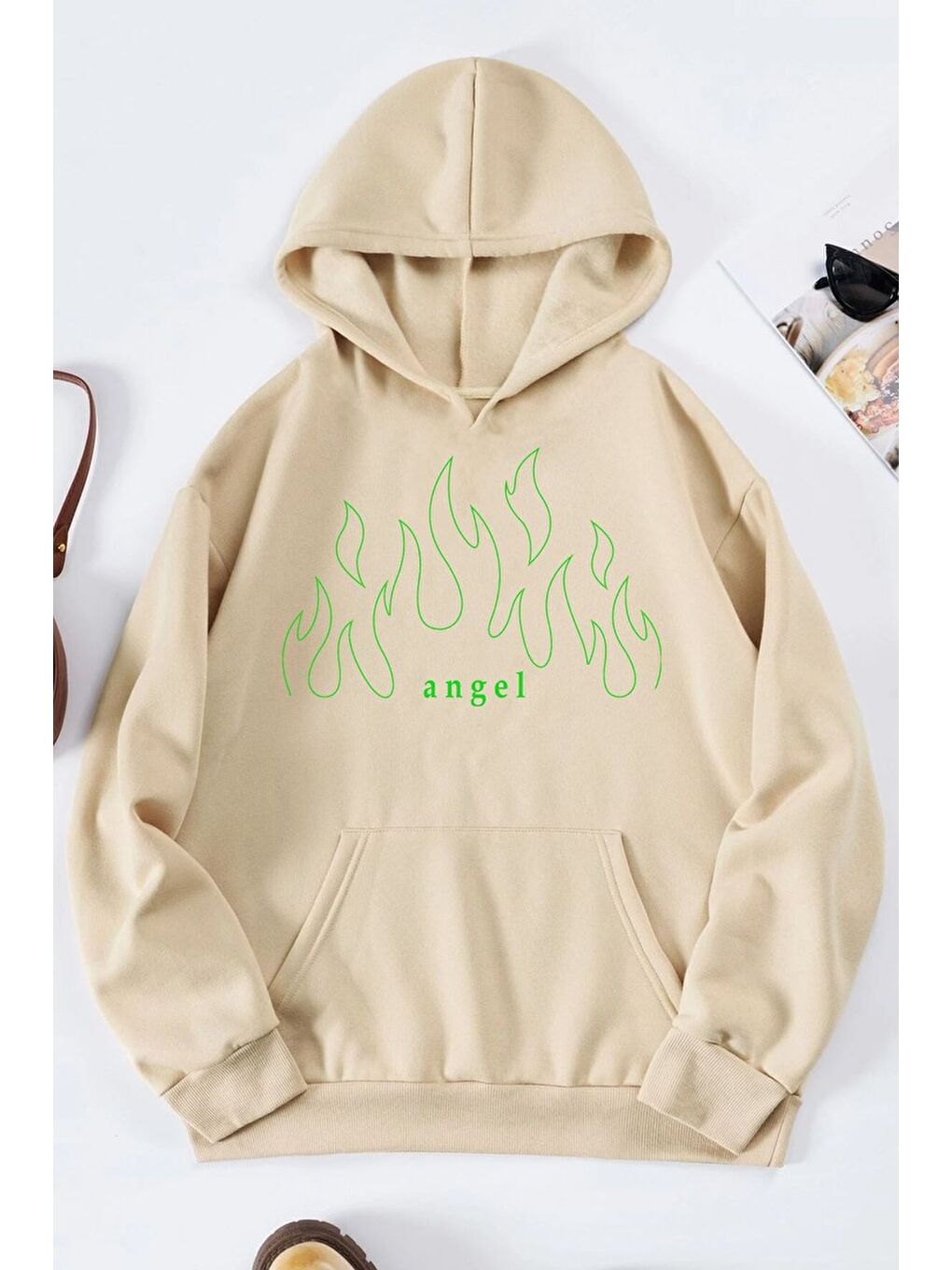 uyguntarz Bej Unisex Green Angel Fire Sweatshirt