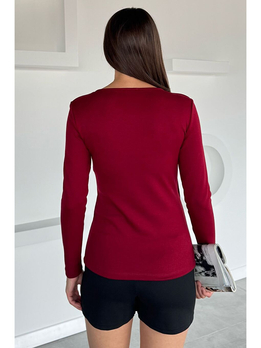 Bordo V Yaka Basıc Bluz-3