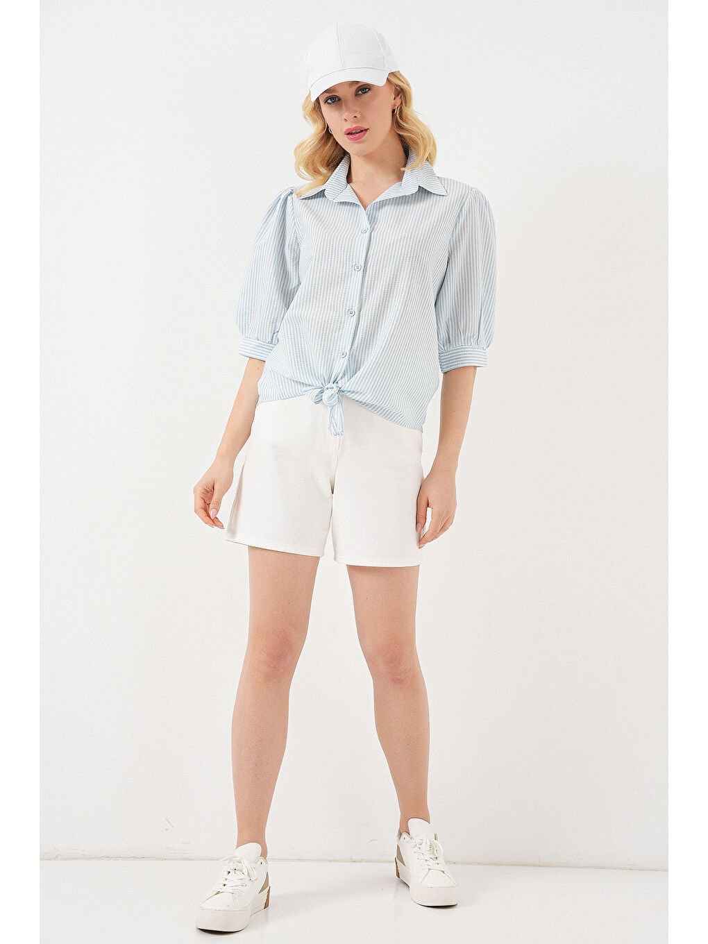 Kadın Önü Bağlamalı Çizgili Gömlek 20323 - Mavi-1