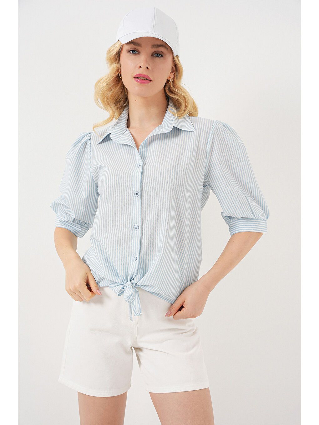 Kadın Önü Bağlamalı Çizgili Gömlek 20323 - Mavi-2