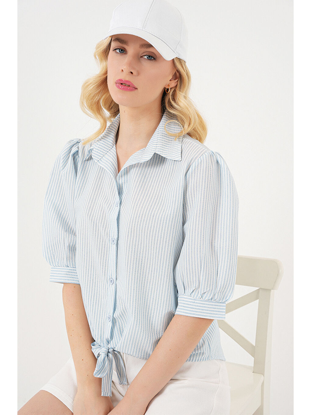 Kadın Önü Bağlamalı Çizgili Gömlek 20323 - Mavi-3