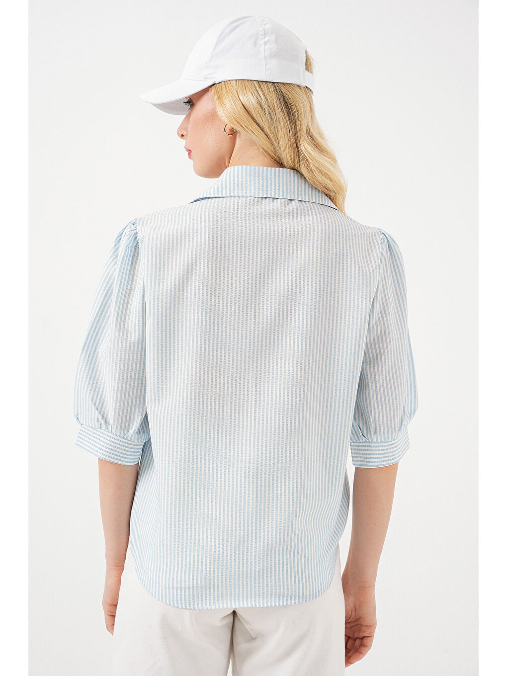 Kadın Önü Bağlamalı Çizgili Gömlek 20323 - Mavi-5