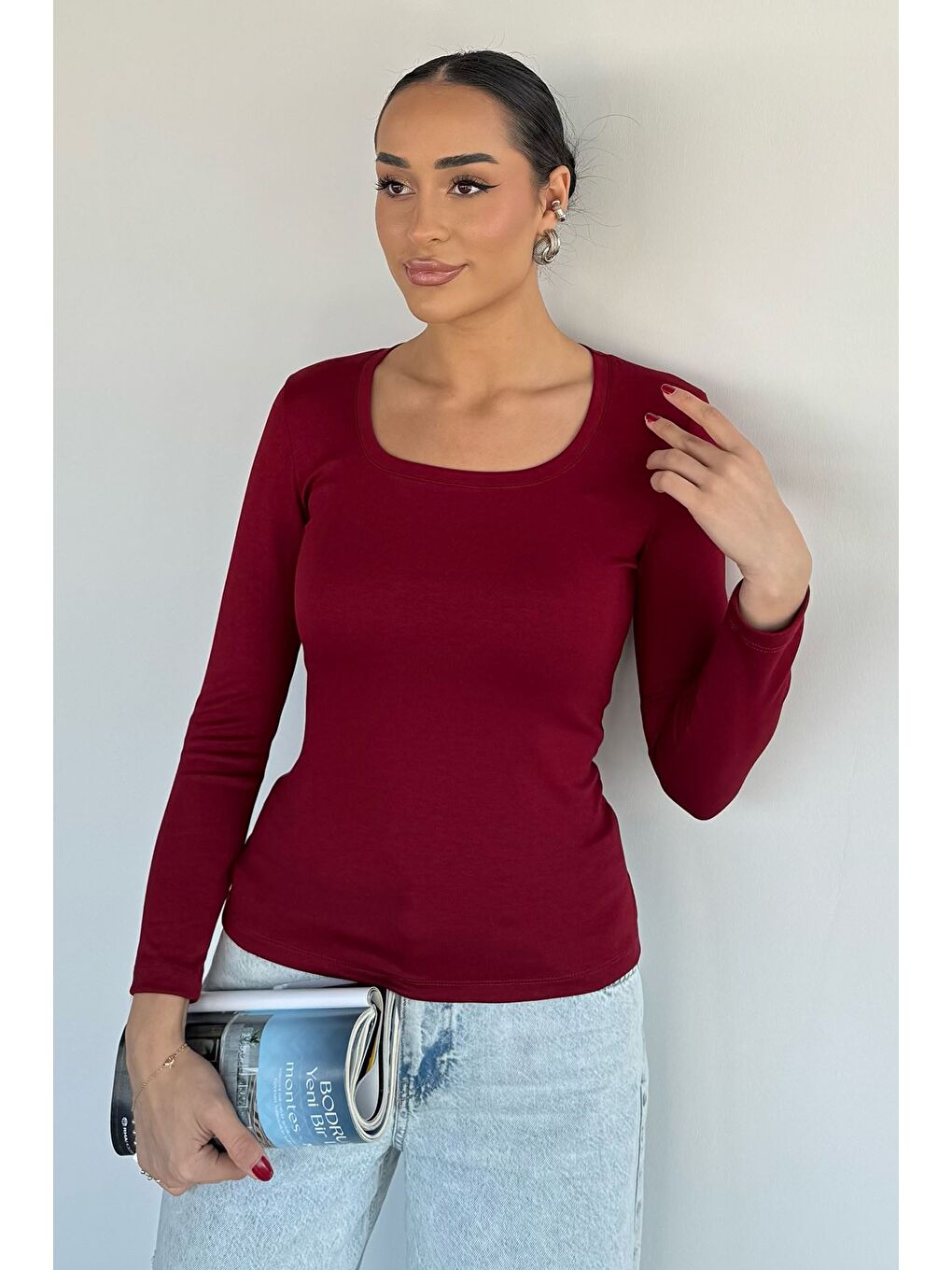 Bordo U Yaka Basıc Bluz-1