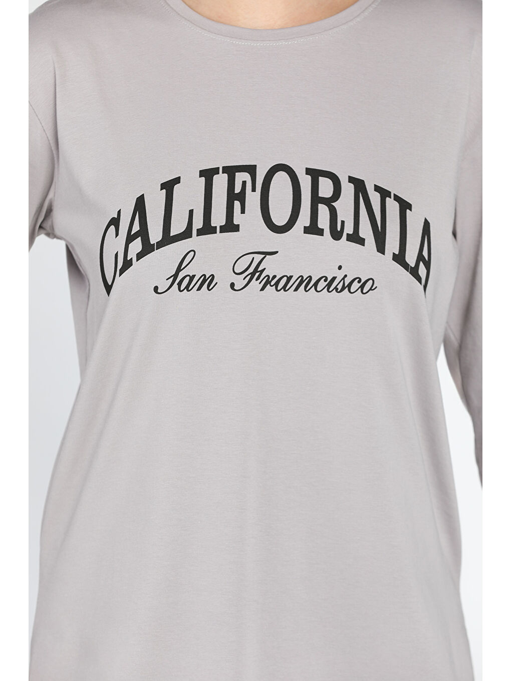 GÜLSELİ Gri California Baskılı Bisiklet Yaka Yan Yırtmaçlı Penye Sweatshirt - 2