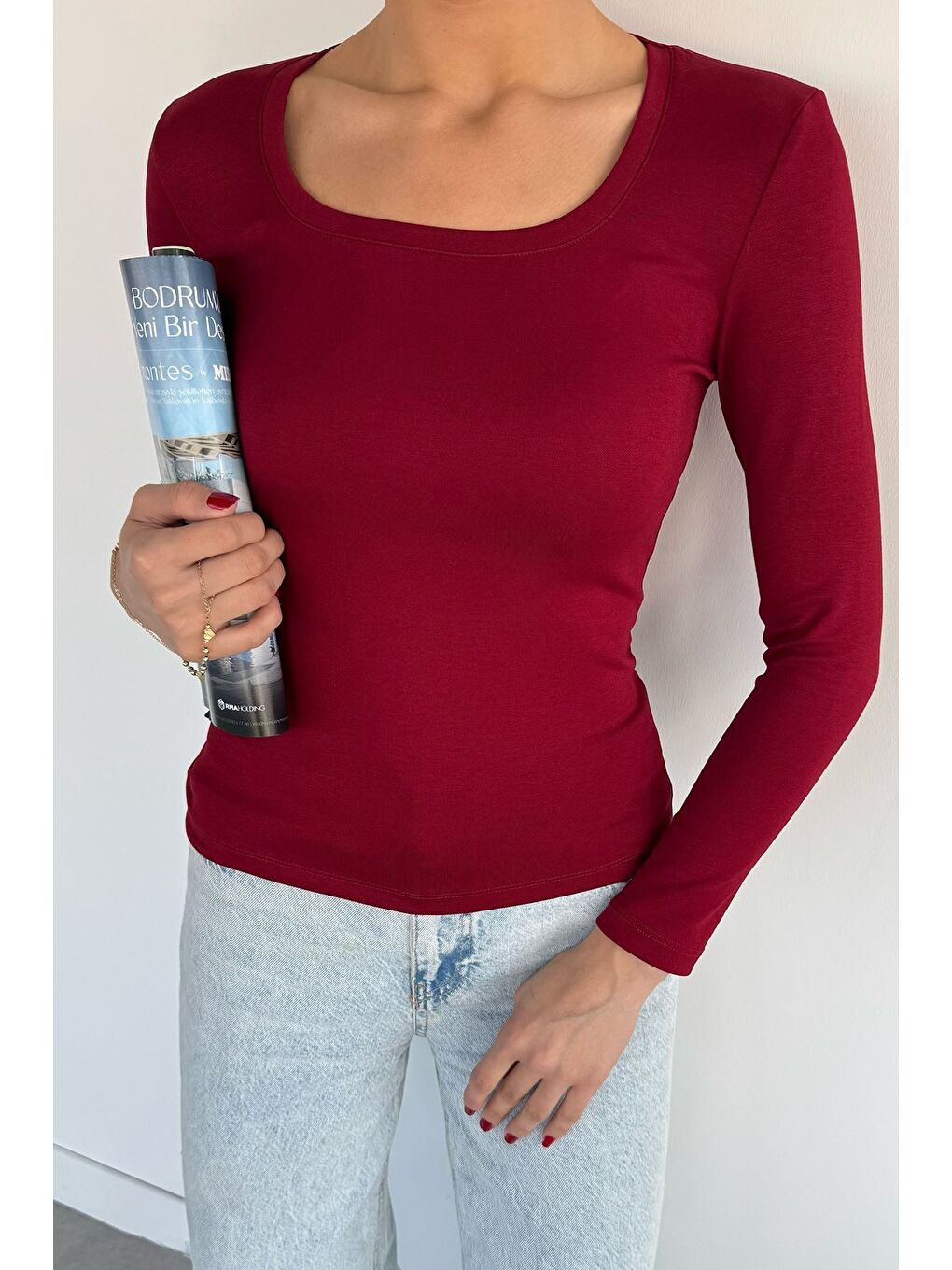 Bordo U Yaka Basıc Bluz-2