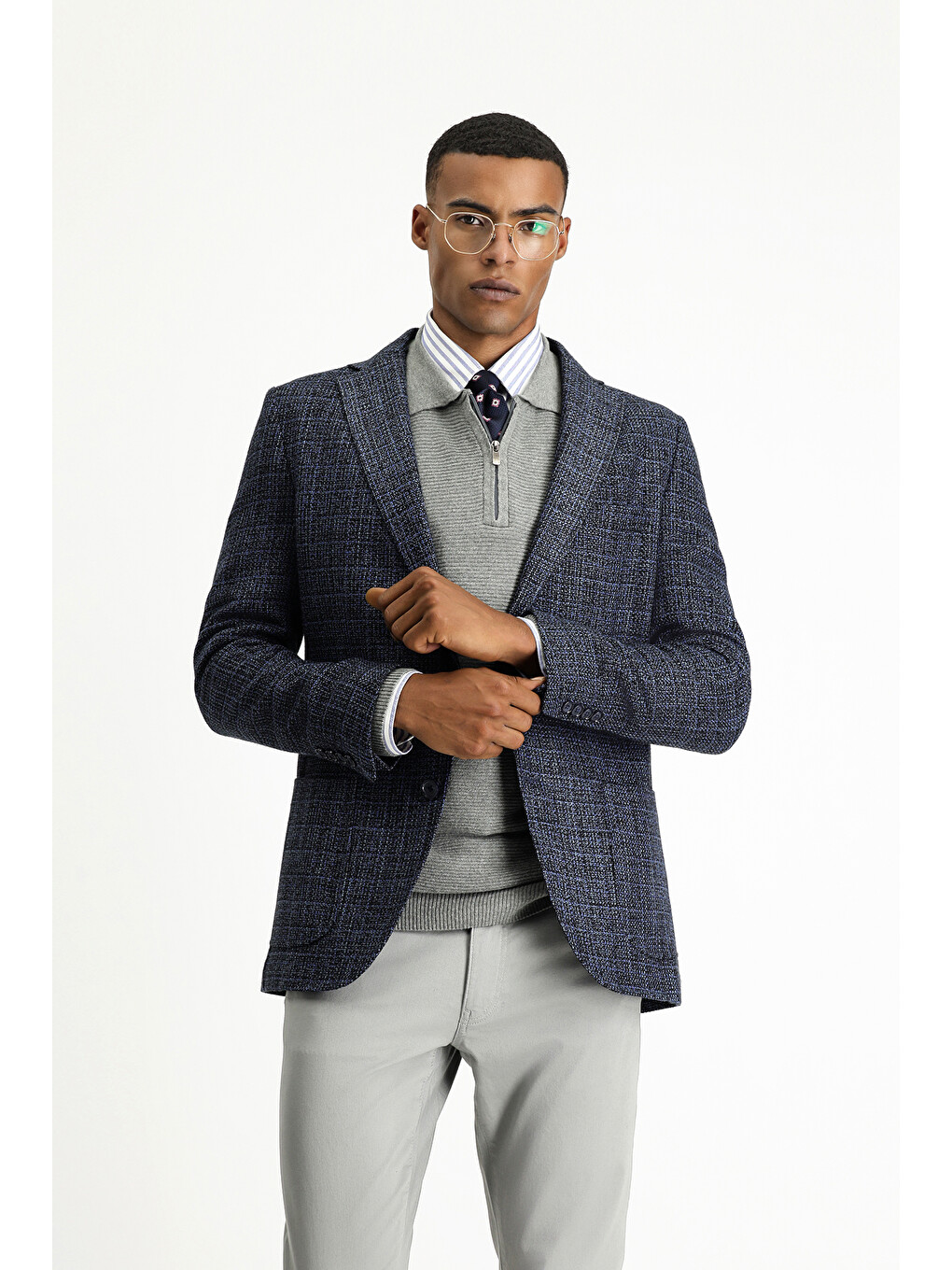 Lacivert Dar Kesim Desenli Spor Yünlü Blazer Ceket-1