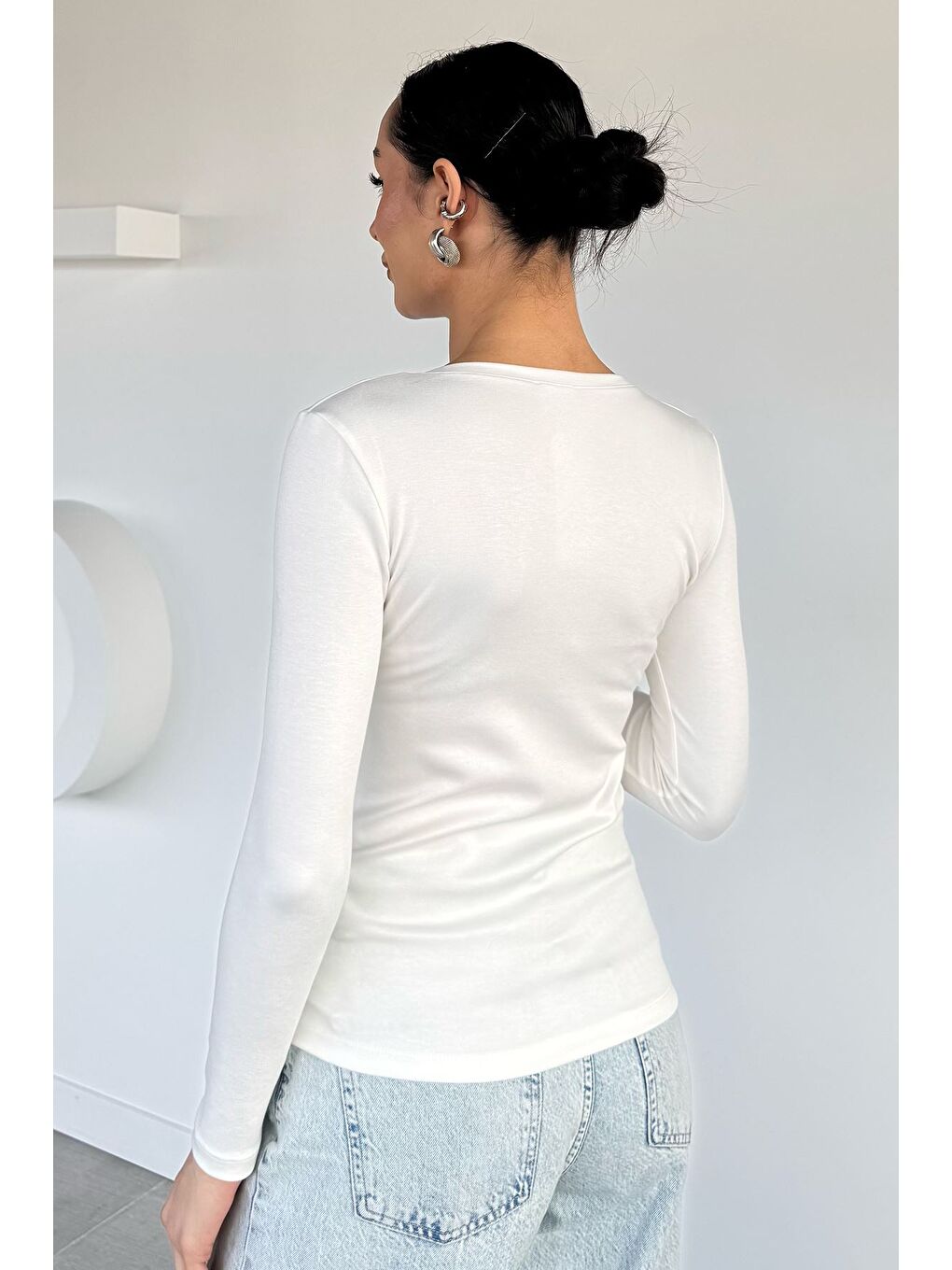 Ekru U Yaka Basıc Bluz-3