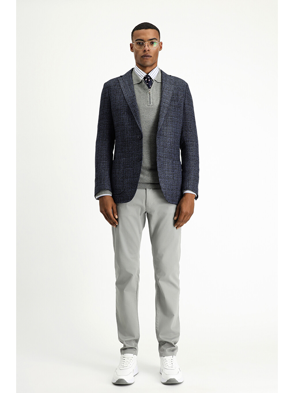 Lacivert Dar Kesim Desenli Spor Yünlü Blazer Ceket-2
