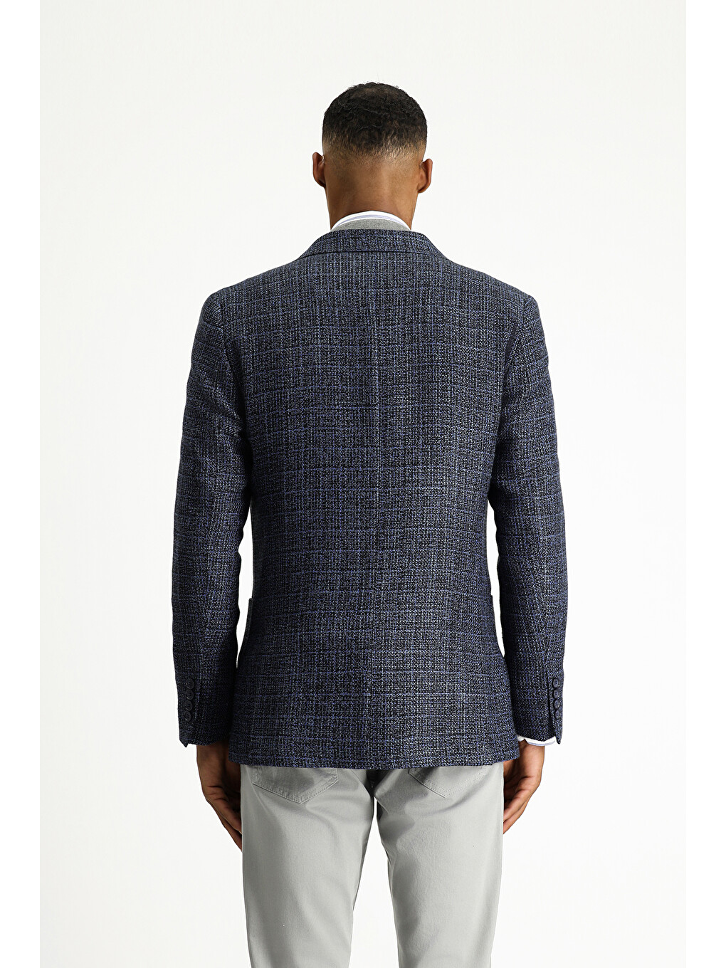 Lacivert Dar Kesim Desenli Spor Yünlü Blazer Ceket-3