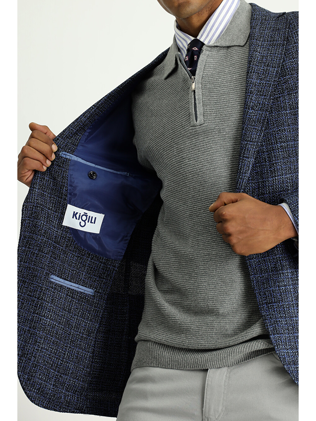 Lacivert Dar Kesim Desenli Spor Yünlü Blazer Ceket-4