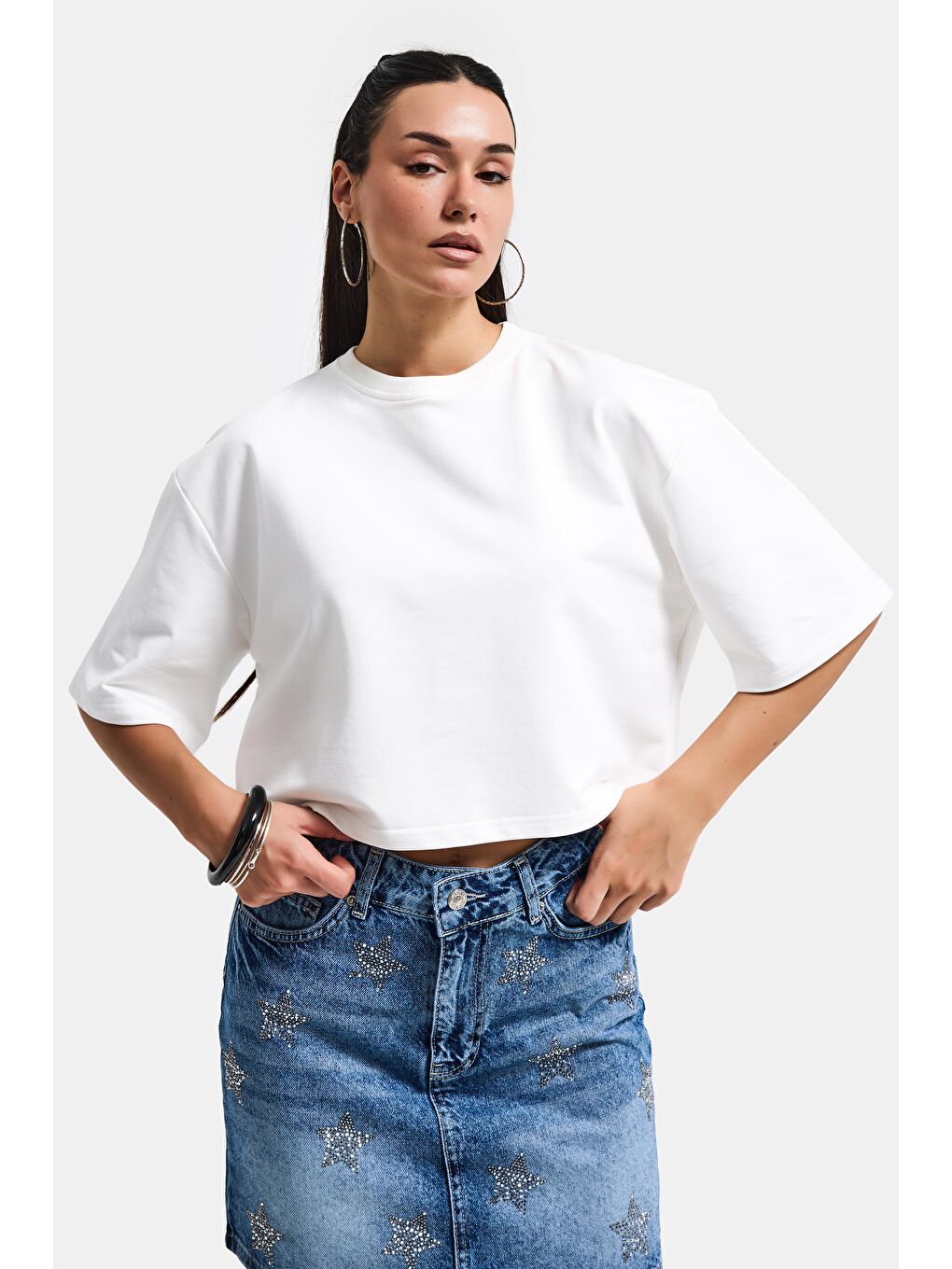 Kadın Kırık Beyaz Renk s6-101 Oversize Bol Kesim T-Shirt