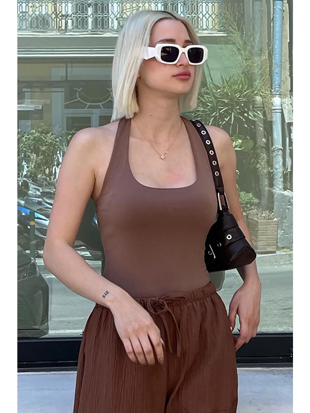 Kahverengi Halter Yaka Boyun Askılı Crop Body Mg2146-2