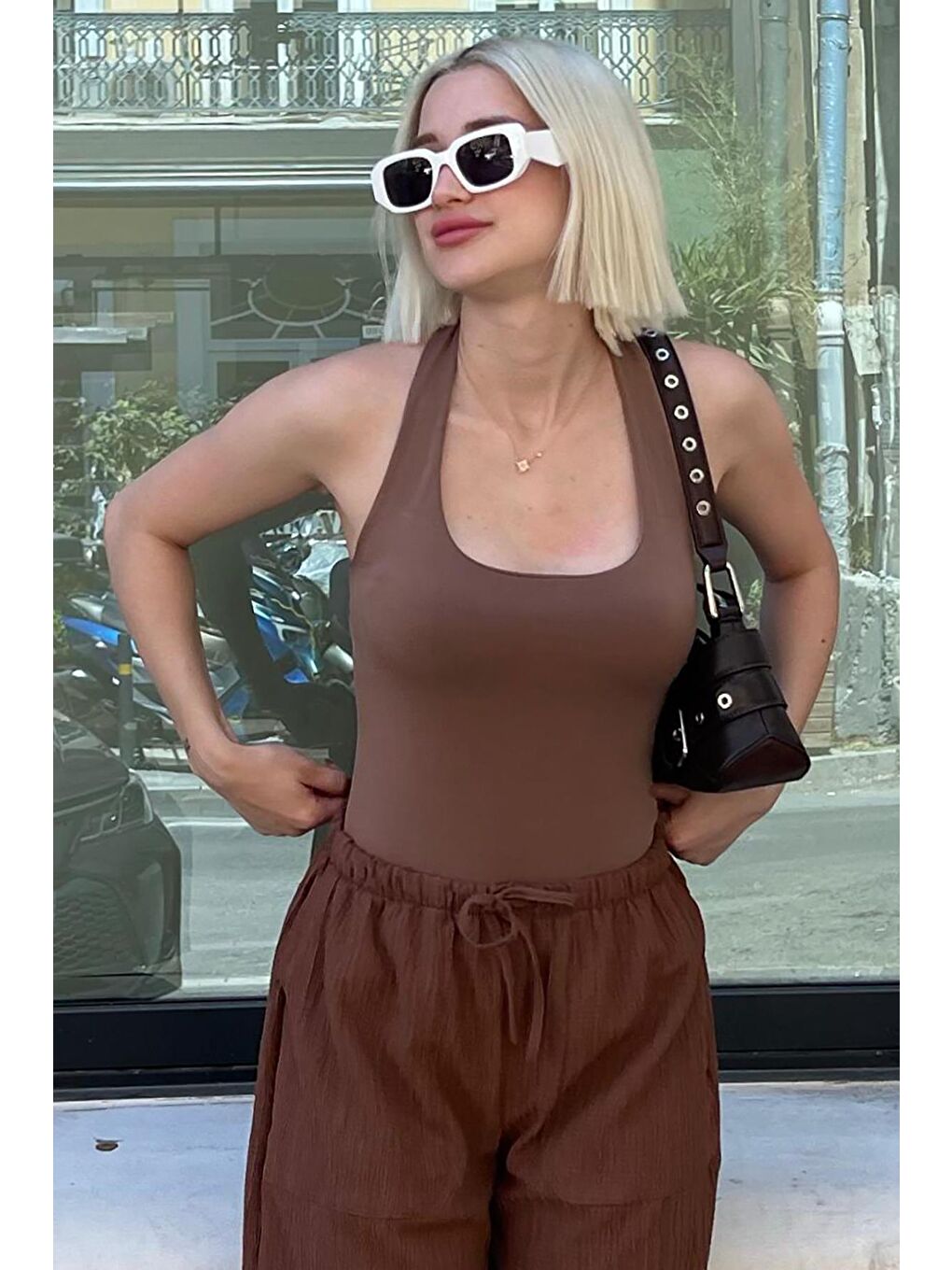 Kahverengi Halter Yaka Boyun Askılı Crop Body Mg2146-3