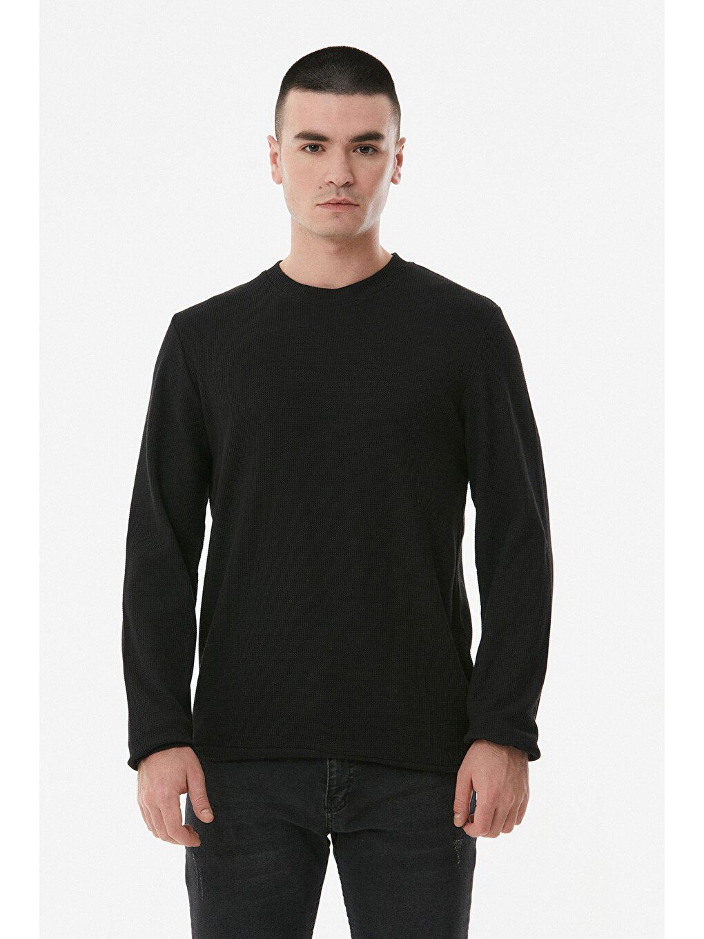 Siyah Waffle Kumaş  Bisiklet Yaka Sweatshirt