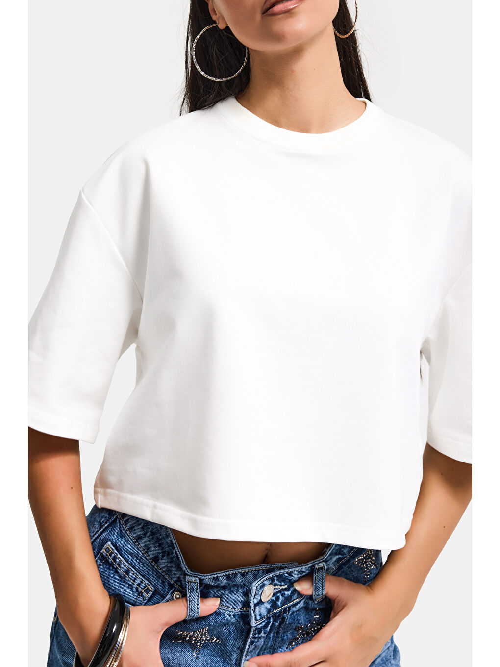 Kadın Kırık Beyaz Renk s6-101 Oversize Bol Kesim T-Shirt-2