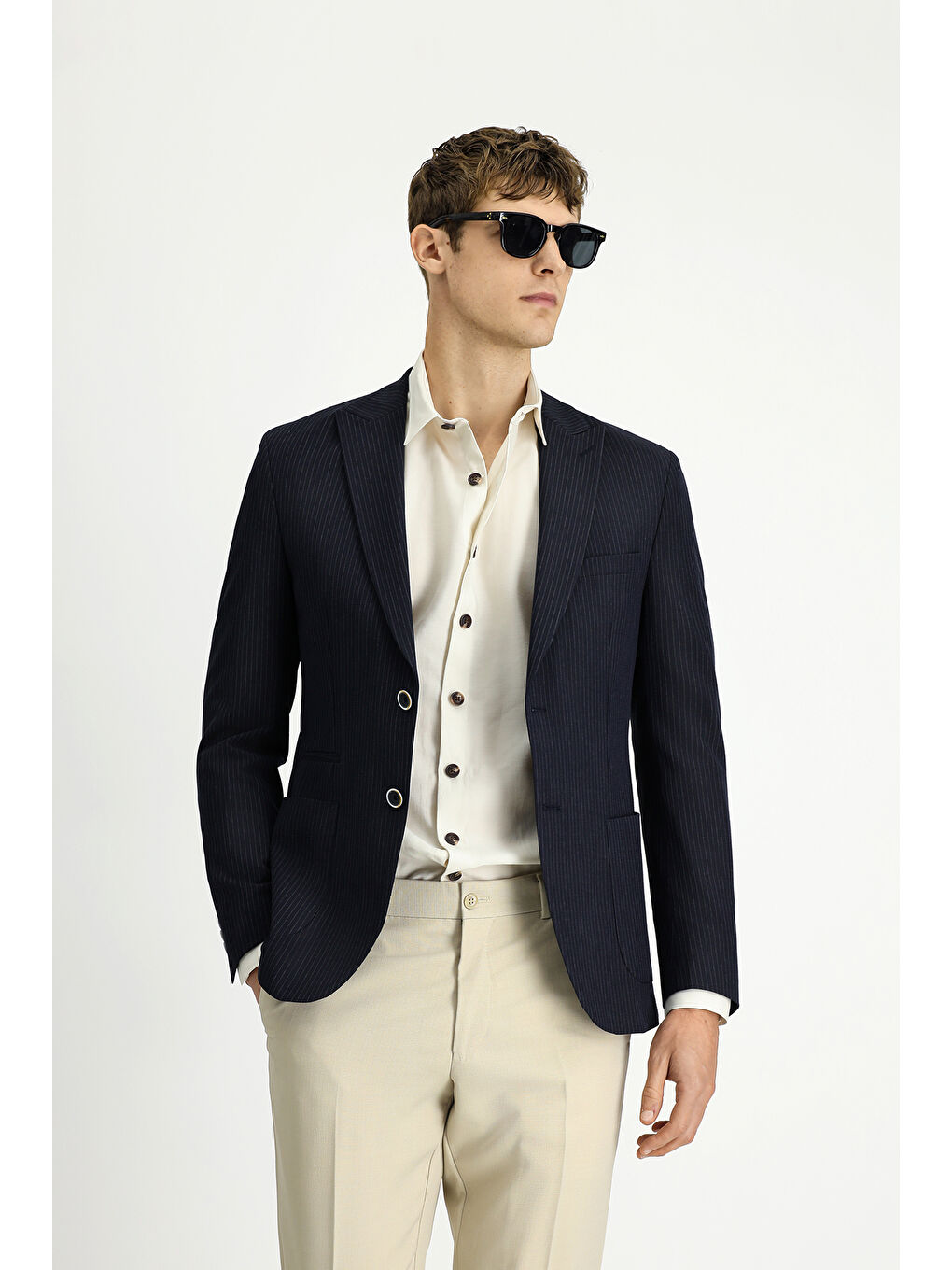 Lacivert Super Slim Fit Ekstra Dar Kesim Çizgili Elastanlı Spor Ceket-2