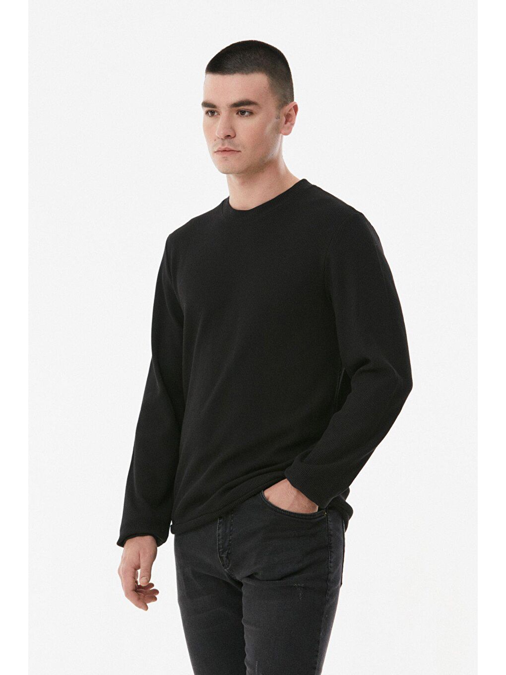 Siyah Waffle Kumaş  Bisiklet Yaka Sweatshirt-1