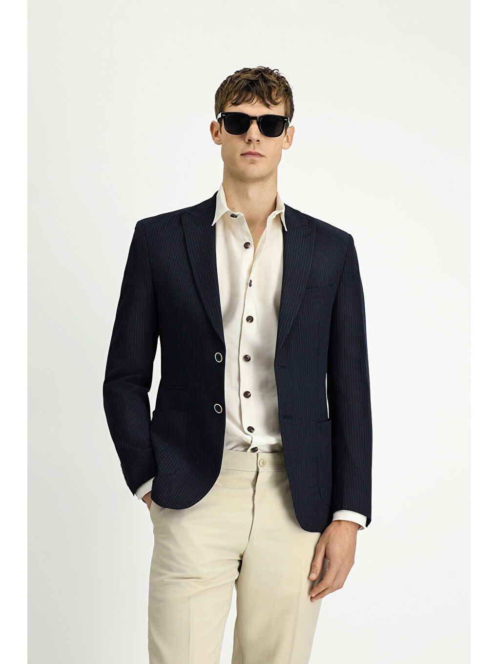 Lacivert Super Slim Fit Ekstra Dar Kesim Çizgili Elastanlı Spor Ceket-3