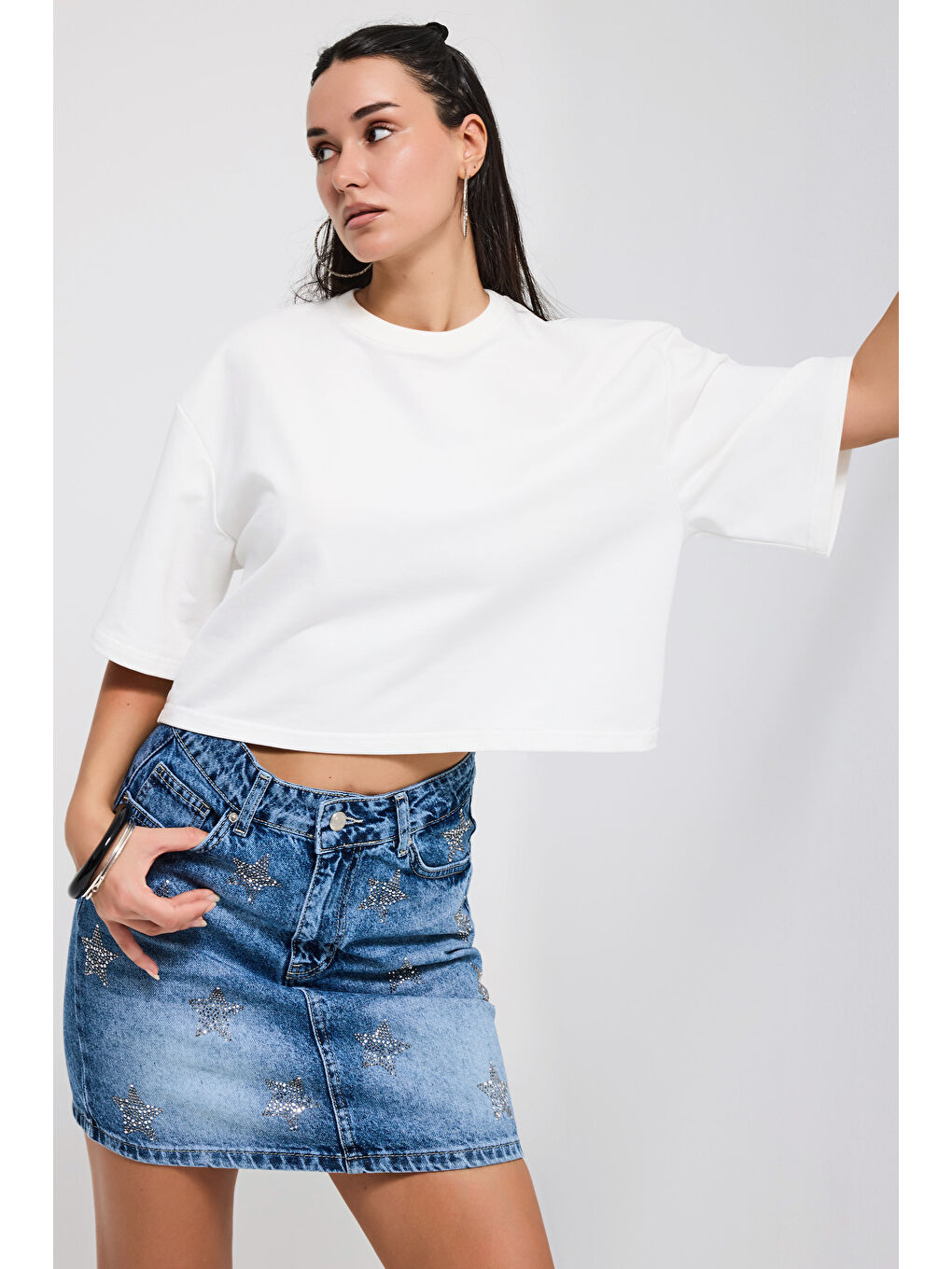 Kadın Kırık Beyaz Renk s6-101 Oversize Bol Kesim T-Shirt-4