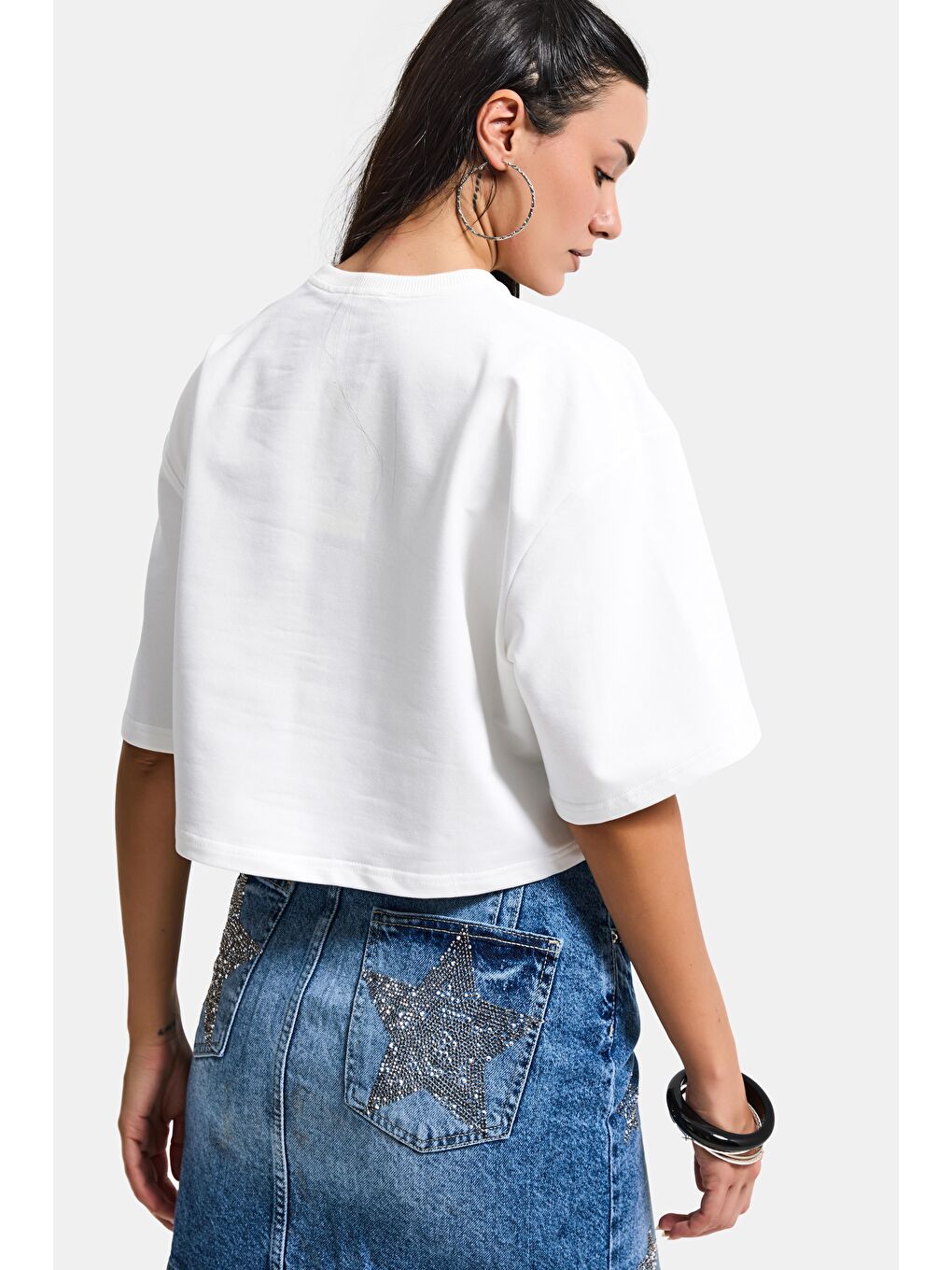 Kadın Kırık Beyaz Renk s6-101 Oversize Bol Kesim T-Shirt-5