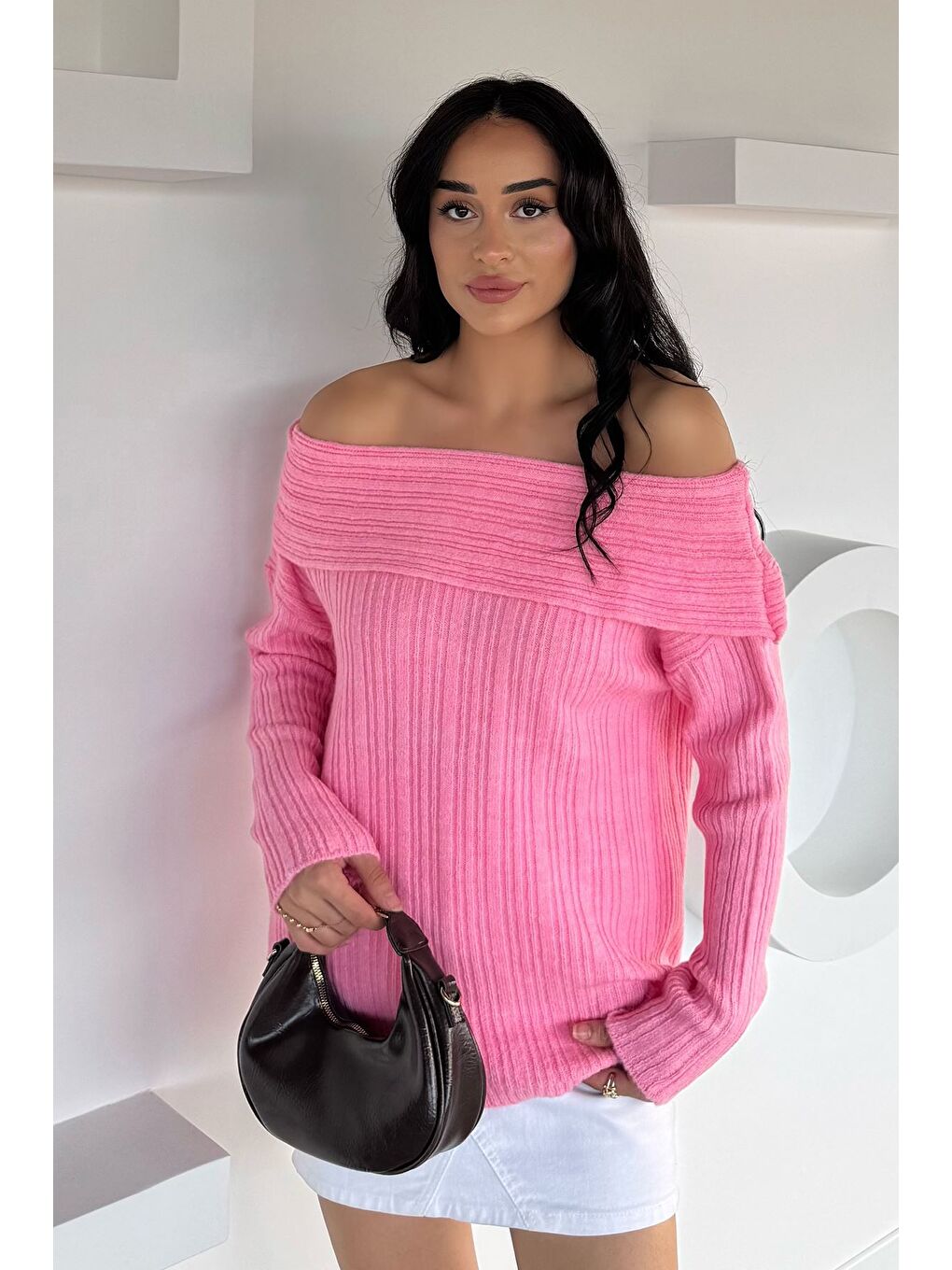 Pembe Kadın Madonna Yaka Kendinden Çizgi Desenli Triko Bluz