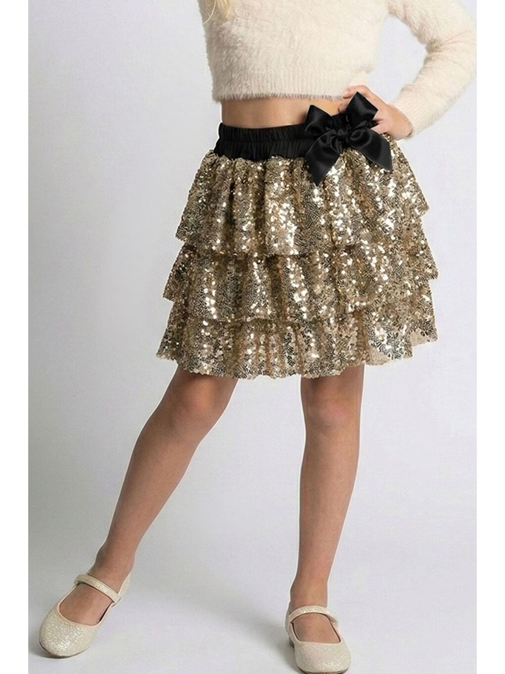 Sarı Kız Çocuk Etek Kat Kat Pul Payetli Fiyonk Aksesuarlı Gold (5-10 Yaş)